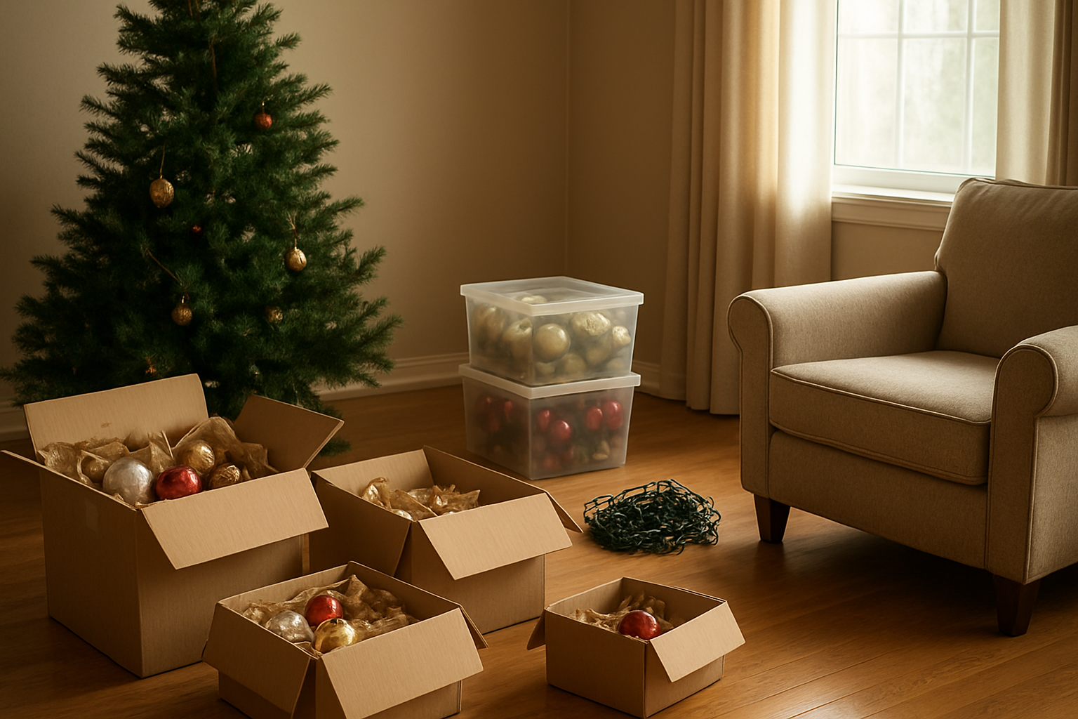 Create a realistic image of a cozy living room in the aftermath of Christmas decoration removal, showing half-packed storage boxes with carefully wrapped ornaments, a partially dismantled Christmas tree with some decorations still hanging, neat stacks of holiday lights being organized, storage containers labeled for different types of decorations, a comfortable armchair nearby, warm natural lighting streaming through a window, creating a peaceful and organized atmosphere that suggests the thoughtful process of post-holiday cleanup, with a clean hardwood floor and neutral-colored walls, absolutely NO text should be in the scene.