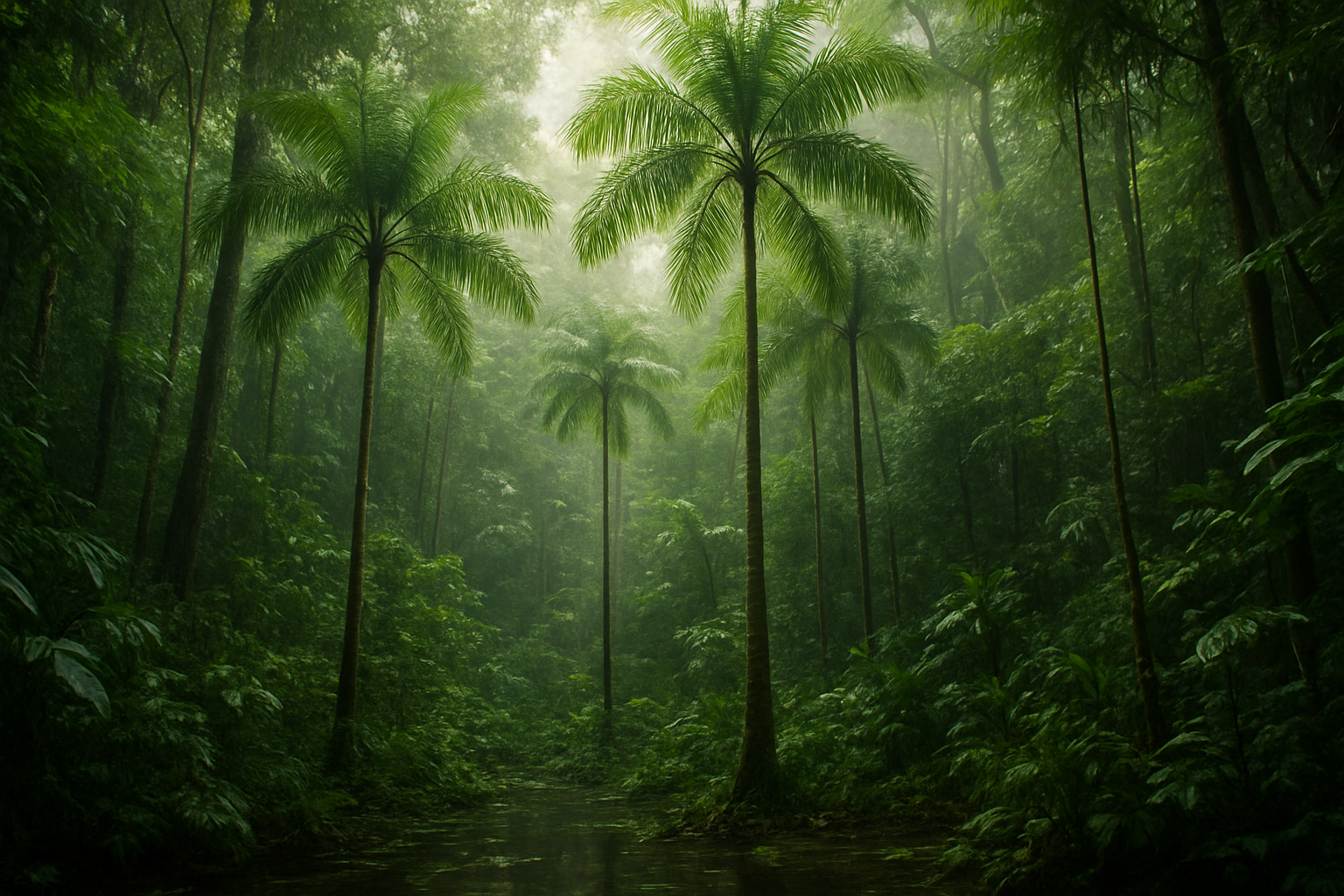 Create a realistic image of lush Amazon rainforest with tall acai palm trees growing naturally in their native habitat, showing the distinctive tall slender trunks with feathery green fronds at the top, dense tropical vegetation surrounding the palms, filtered sunlight streaming through the forest canopy creating dappled lighting on the forest floor, misty humid atmosphere typical of the Amazon basin, rich green foliage and various tropical plants in the background, natural swampy wetland environment where acai palms thrive, absolutely NO text should be in the scene.