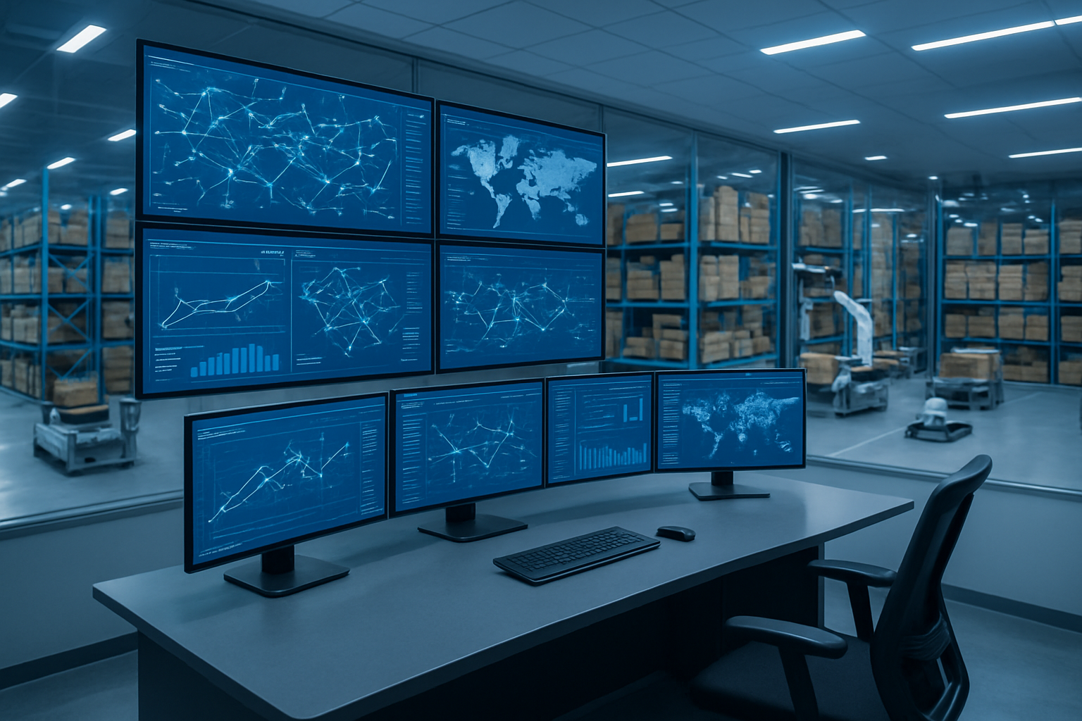 Create a realistic image of a modern supply chain control center with multiple large wall-mounted screens displaying interconnected network diagrams, data analytics dashboards, and global logistics maps, featuring a sleek control desk with multiple monitors showing AI-powered supply chain visualizations including predictive graphs and automated routing systems, surrounded by industrial warehouse shelving with packages and automated robotic systems in the background, illuminated by clean LED lighting with a professional blue and white color scheme, capturing the intersection of traditional logistics infrastructure with cutting-edge artificial intelligence technology in a contemporary corporate environment, absolutely NO text should be in the scene.