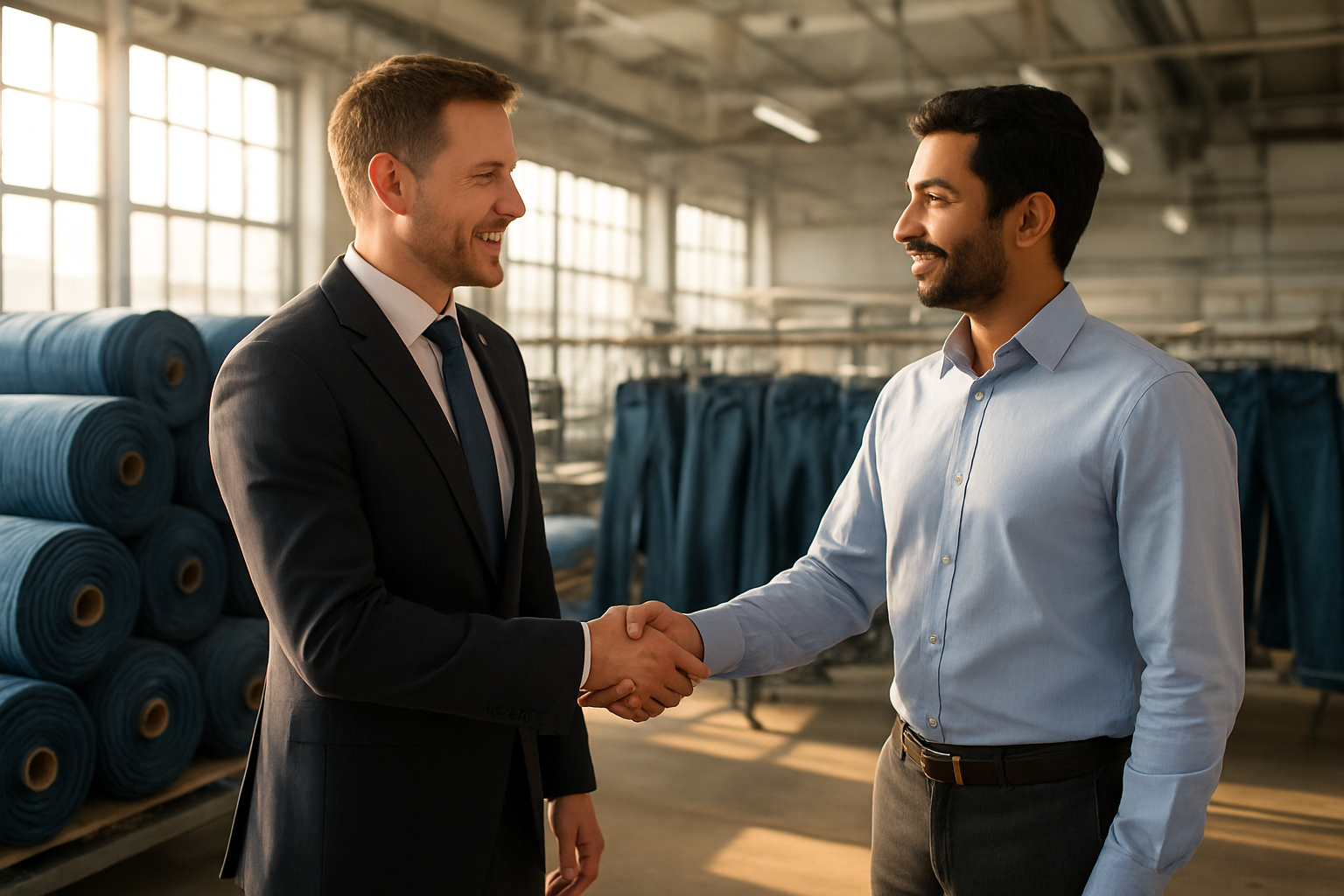 Create a realistic image of a successful business handshake between a white male importer in a modern business suit and an Indian male manufacturer in professional attire, set in a bright modern textile factory with denim fabric rolls and finished jeans visible in the background, conveying partnership and achievement with warm natural lighting streaming through large windows, absolutely NO text should be in the scene.