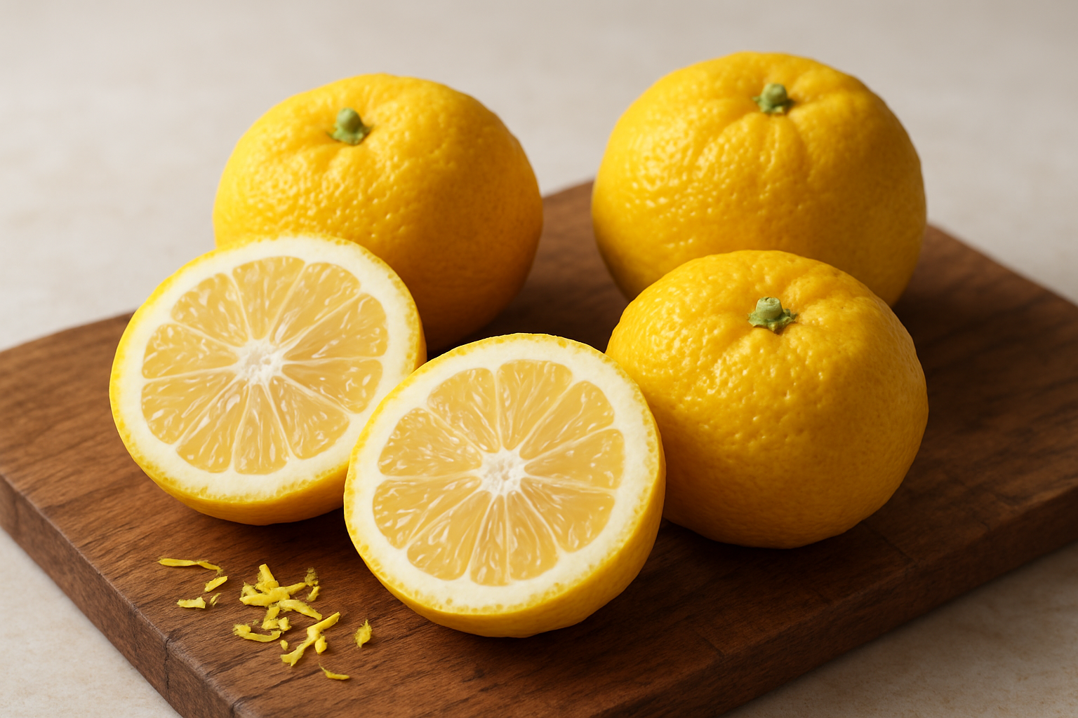 Create a realistic image of fresh yuzu fruits cut in half and whole, displaying their vibrant yellow bumpy textured skin and pale yellow segmented interior, arranged on a rustic wooden cutting board with some yuzu zest scattered around, soft natural lighting highlighting the citrus oils glistening on the fruit surface, clean kitchen counter background with subtle warm tones, capturing the essence of this unique Japanese citrus fruit's distinctive appearance and aromatic qualities, absolutely NO text should be in the scene.