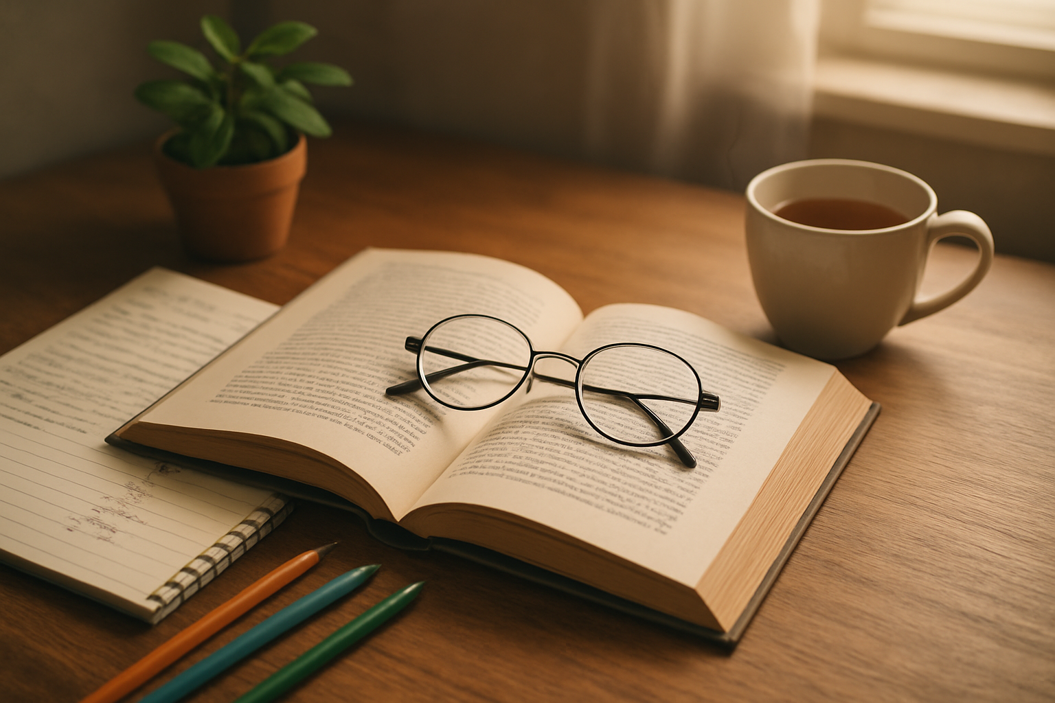 Create a realistic image of an open book with reading glasses resting on its pages, surrounded by educational materials including a notebook with handwritten notes, colored pens, a small potted plant, and a warm cup of tea on a wooden desk, with soft natural lighting streaming through a nearby window creating a peaceful studying atmosphere, absolutely NO text should be in the scene.