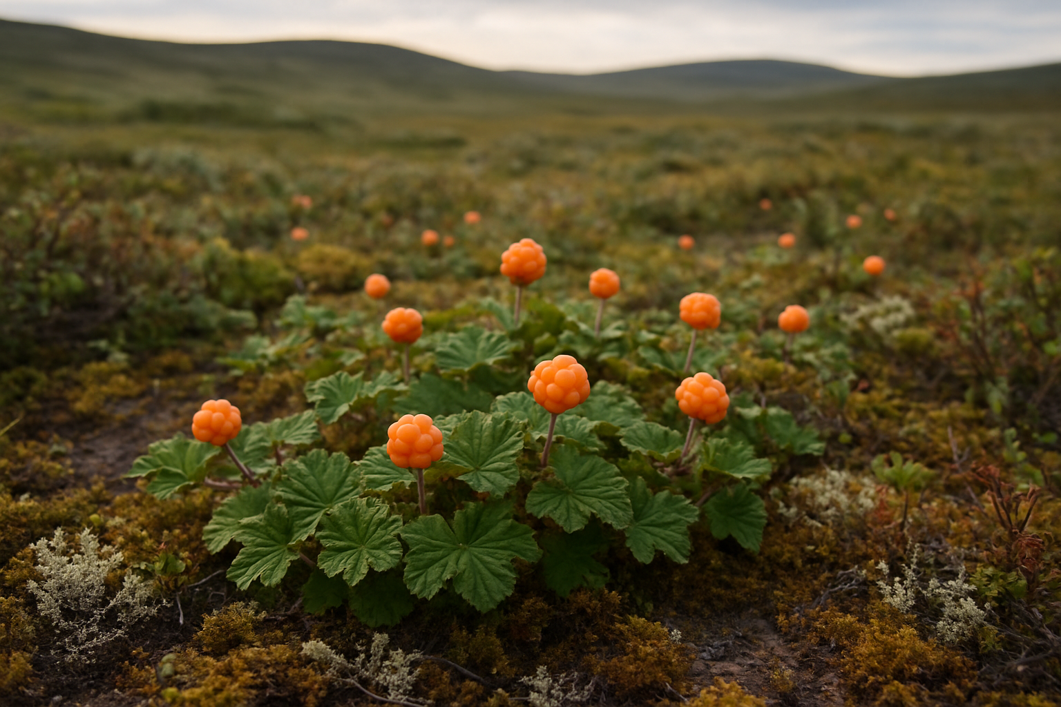 Create a realistic image of cloudberry plants growing in their natural arctic tundra habitat, showing the low-growing green plants with distinctive lobed leaves scattered across boggy wetland terrain, some plants bearing orange-amber cloudberries, surrounded by moss, lichens, and small arctic shrubs, with a backdrop of rolling tundra landscape under soft northern light, capturing the wild remote environment where these berries naturally thrive, absolutely NO text should be in the scene.