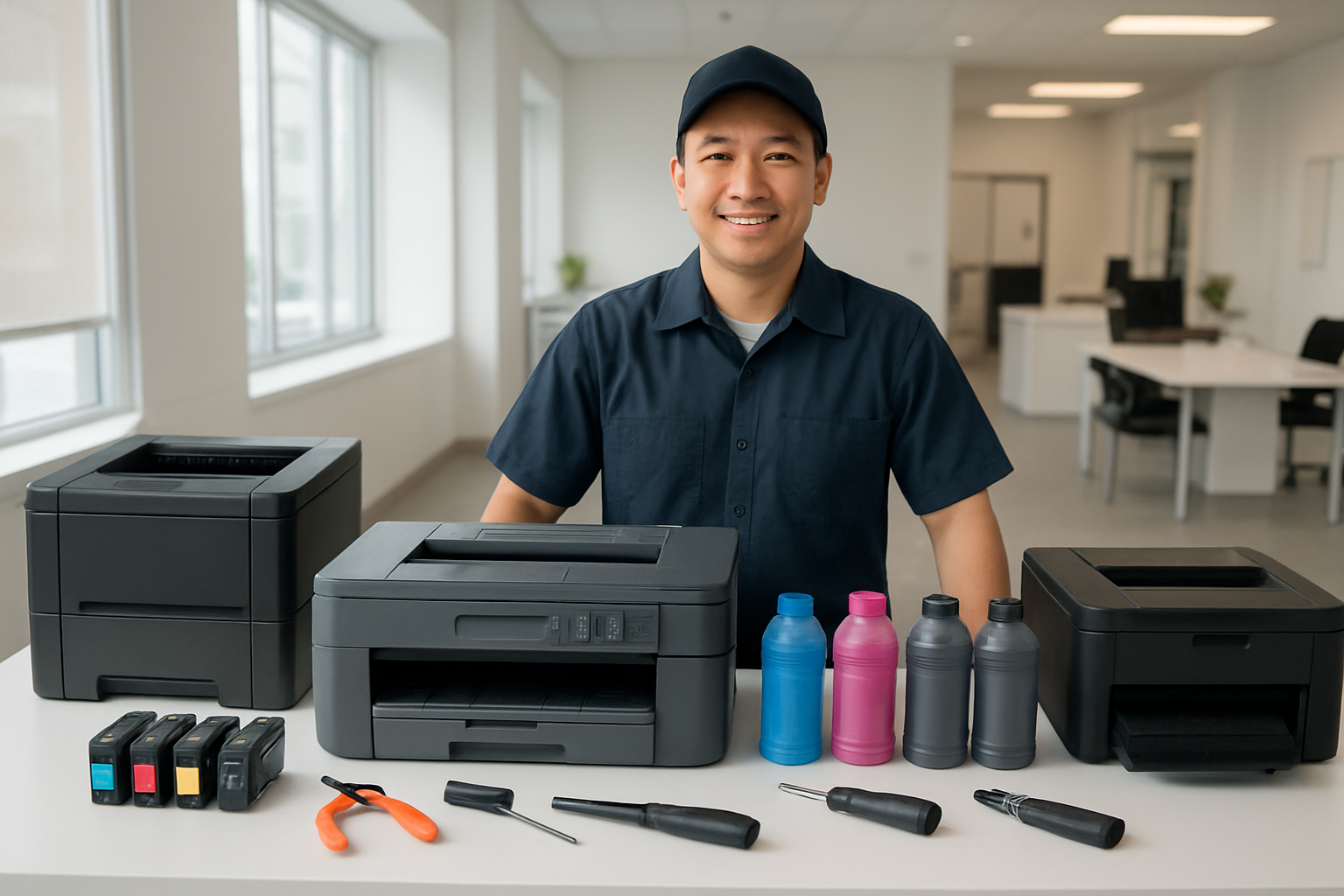 Create a realistic image of a clean, professional printer service workspace with multiple printers of different types (laser, inkjet) arranged on a white table, fresh ink cartridges and toner bottles neatly organized nearby, a satisfied Asian male technician in uniform standing behind the counter with a welcoming smile, modern office environment with bright natural lighting from windows, customer service area visible in the background, professional tools for printer maintenance visible on the workspace, clean and organized atmosphere suggesting quality service completion, warm and trustworthy business environment, absolutely NO text should be in the scene.