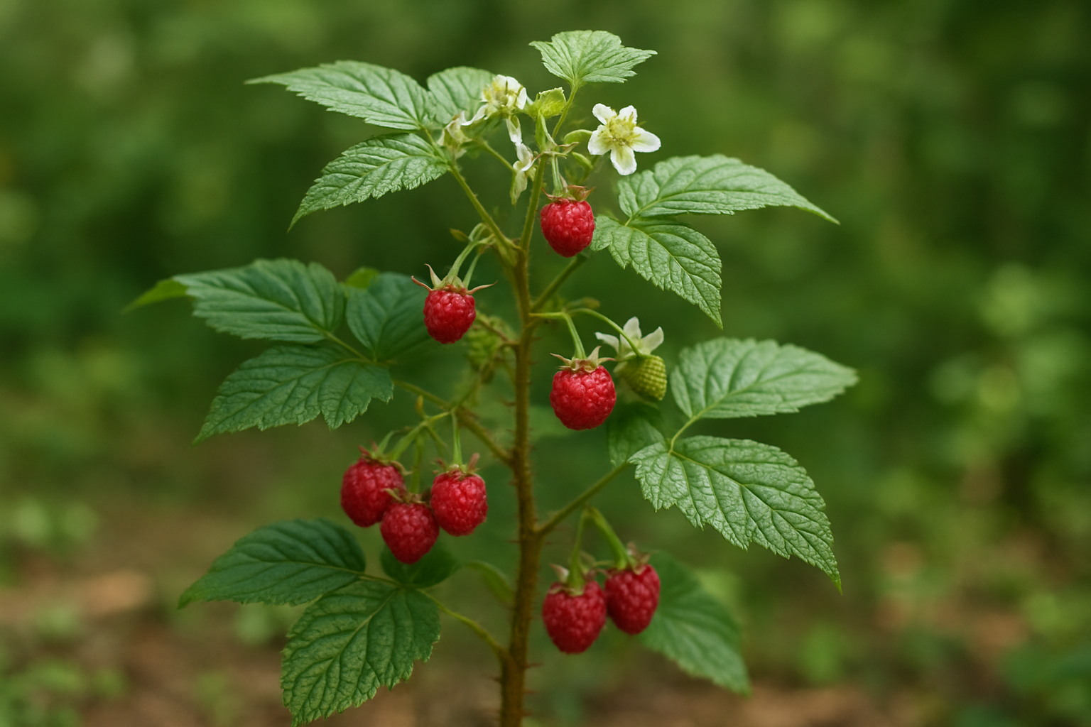 Create a realistic image of a mature raspberry plant in its natural growing environment, showing the characteristic cane structure with thorny stems, compound leaves with serrated edges, and clusters of red ripe raspberries alongside white flowers, set against a garden or wild woodland background with soft natural lighting filtering through, displaying the plant's complete growth cycle from flower to fruit, with rich green foliage and earth-toned soil visible at the base, captured in bright daylight with a shallow depth of field to emphasize the plant's botanical features, absolutely NO text should be in the scene.