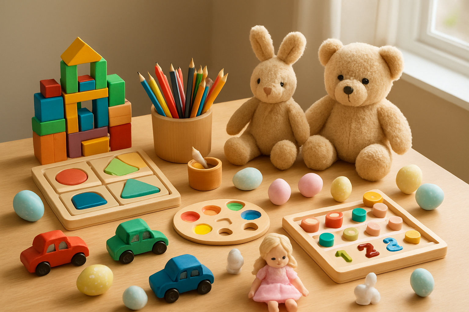 Create a realistic image of a colorful display of age-appropriate toys organized in distinct categories on a bright wooden table, featuring building blocks, puzzles, art supplies, stuffed animals, toy cars, dolls, and educational games arranged in neat groups, with soft natural lighting from a nearby window creating a warm and inviting atmosphere, Easter-themed decorations like pastel eggs and small bunny figurines scattered tastefully around the toys, shot from a slightly elevated angle to showcase the variety and organization of the different toy categories, absolutely NO text should be in the scene.