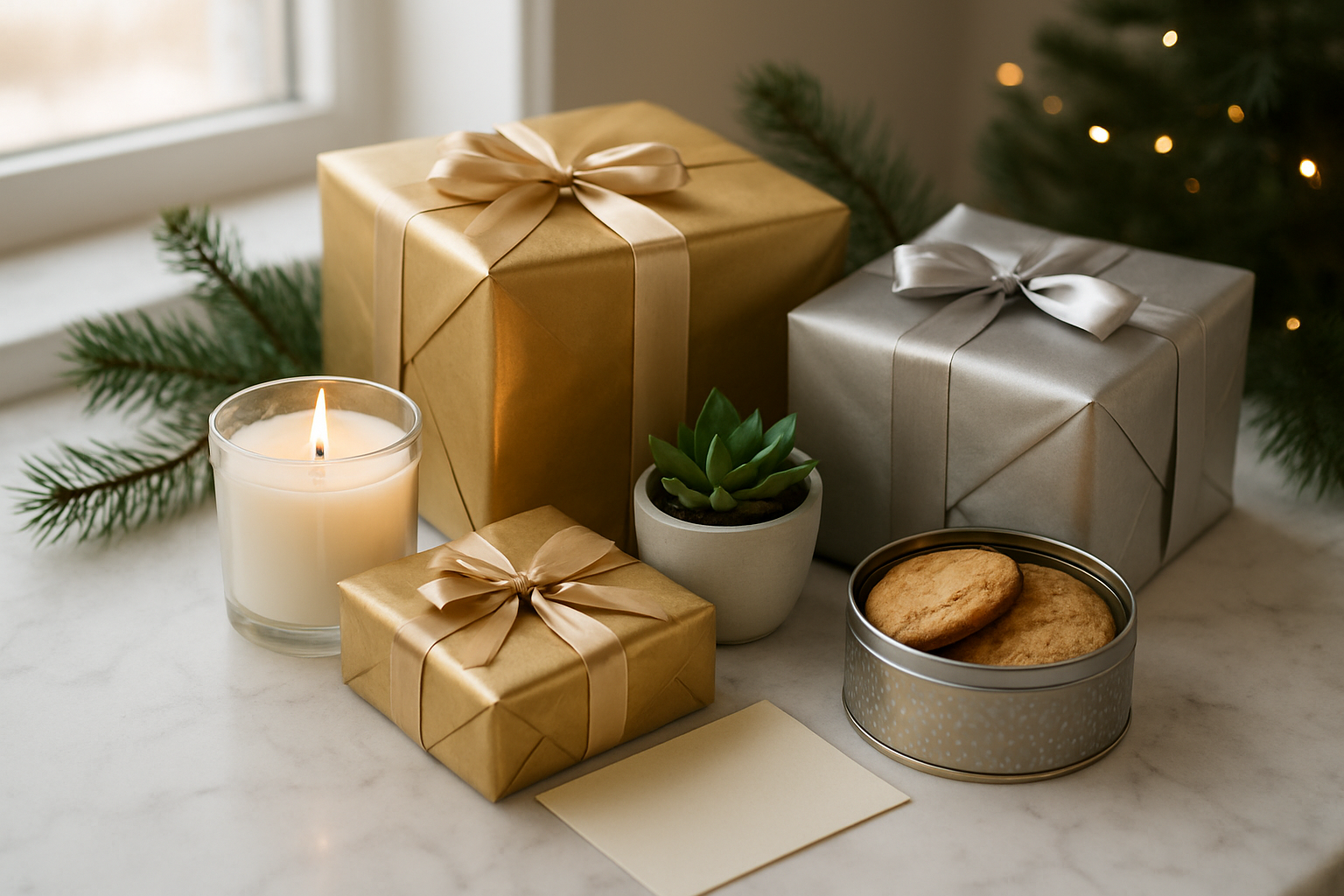 Create a realistic image of an elegant gift arrangement on a marble surface featuring beautifully wrapped presents in luxurious gold and silver wrapping paper with satin ribbons, alongside affordable yet sophisticated items like a scented candle in a glass jar, a small potted succulent, homemade cookies in a decorative tin, and a handwritten card, all arranged with soft natural lighting from a nearby window creating gentle shadows, with a warm and inviting Christmas atmosphere enhanced by subtle holiday decorations like pine sprigs and fairy lights in the background, absolutely NO text should be in the scene.
