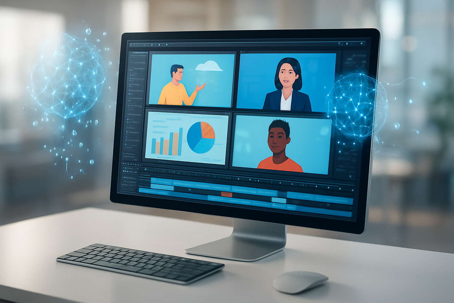 Create a realistic image of a modern workspace showing the complete AI video creation journey, featuring a sleek computer monitor displaying a video editing interface with multiple video thumbnails showing diverse content styles (animations, presentations, talking avatars), surrounded by floating holographic elements representing AI technology like neural network patterns and digital nodes, a wireless keyboard and mouse on a clean white desk, soft natural lighting from a window creating a bright and inspiring atmosphere, with subtle bokeh effects in the background showing a blurred office environment, conveying innovation, creativity, and professional video production success, absolutely NO text should be in the scene.