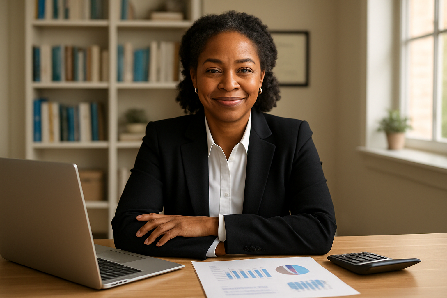 Create a realistic image of a confident middle-aged Black woman in professional business attire sitting at a modern desk with a laptop, financial documents, and a calculator spread out before her, with a subtle smile of accomplishment on her face, surrounded by a bright, well-lit home office with bookshelves containing financial planning books, a framed diploma on the wall, and warm natural lighting streaming through a window, conveying empowerment and financial success. Absolutely NO text should be in the scene.