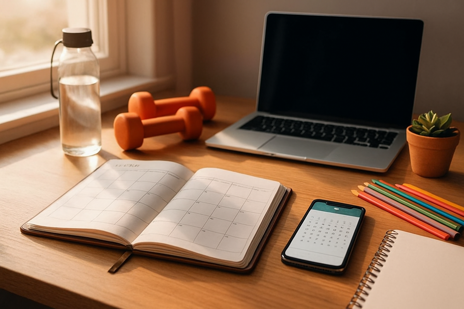 Create a realistic image of a bright, organized workspace featuring a wooden desk with an open planner showing January calendar pages, a smartphone displaying a habit tracking app, a water bottle, dumbbells, art supplies including colored pencils and a sketchbook, a small potted plant, and a laptop computer, all arranged neatly with warm natural lighting streaming through a nearby window, creating an inspiring and motivational atmosphere that represents personal growth and achievement, absolutely NO text should be in the scene.