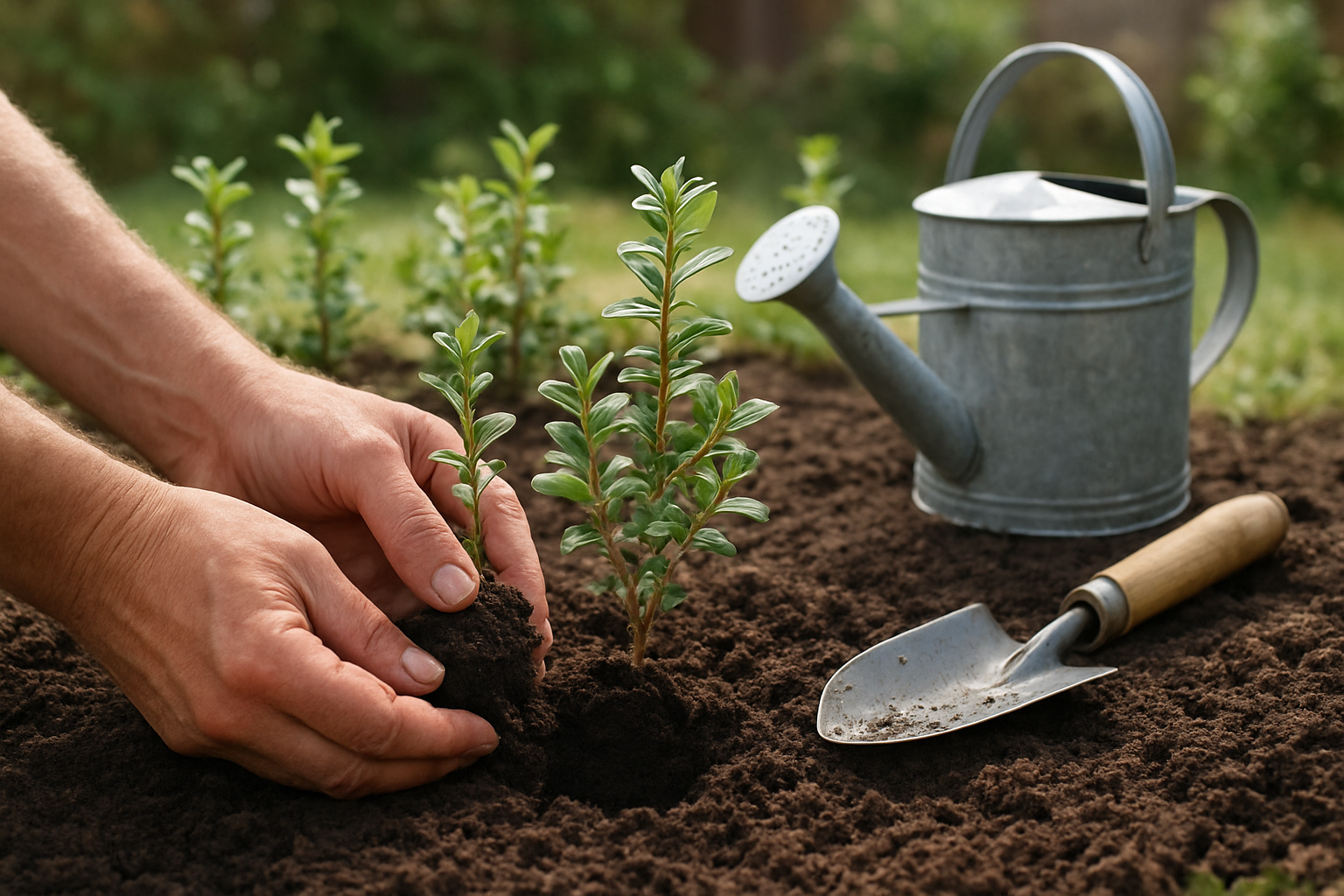 Create a realistic image of a gardener's hands planting small lingonberry plants in rich, dark soil in a home garden setting, with several young lingonberry bushes with small oval green leaves already established in the background, gardening tools like a small spade and watering can nearby, natural outdoor lighting with soft shadows, peaceful residential backyard atmosphere. Absolutely NO text should be in the scene.