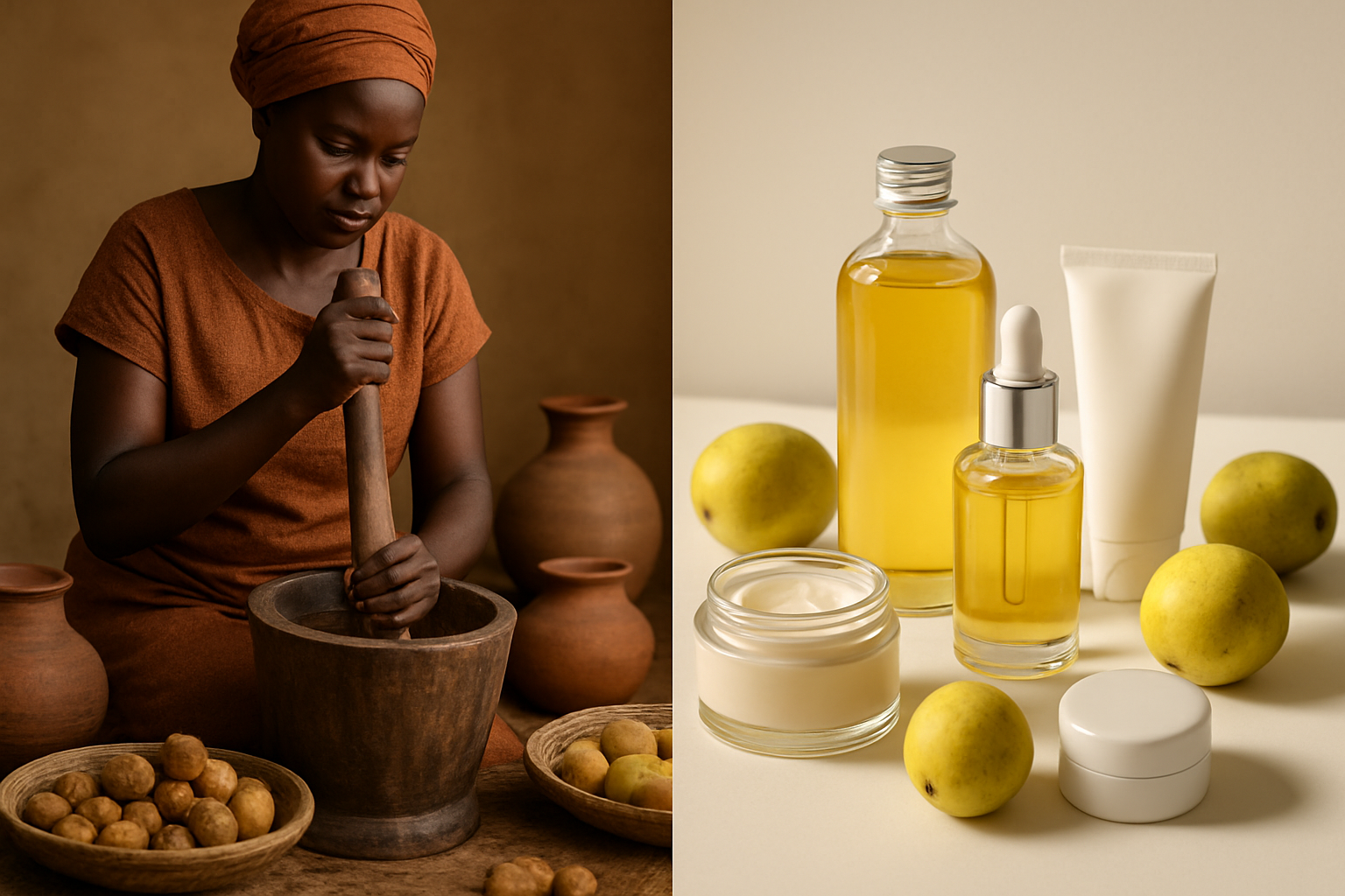 Create a realistic image of a split composition showing traditional and modern uses of marula fruit, with the left side depicting an African black female crushing marula fruits in a traditional wooden mortar and pestle surrounded by clay pots and dried marula fruits on woven baskets, and the right side showing modern marula oil bottles, skincare products, and cosmetic containers arranged on a clean white surface with fresh marula fruits scattered around, natural lighting illuminating both scenes, warm earthy tones throughout, absolutely NO text should be in the scene.