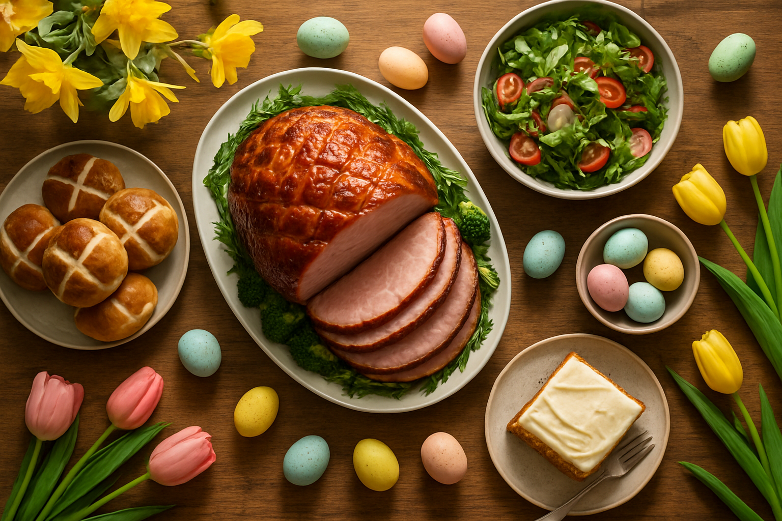 Create a realistic image of a beautifully arranged Easter feast table viewed from above, featuring a golden glazed ham as the centerpiece surrounded by traditional hot cross buns, decorated Easter eggs in pastel colors, a slice of carrot cake with cream cheese frosting, fresh spring salad with colorful vegetables, and seasonal flowers like tulips and daffodils scattered around the wooden table surface, captured in warm natural lighting that creates a welcoming and celebratory atmosphere, absolutely NO text should be in the scene.