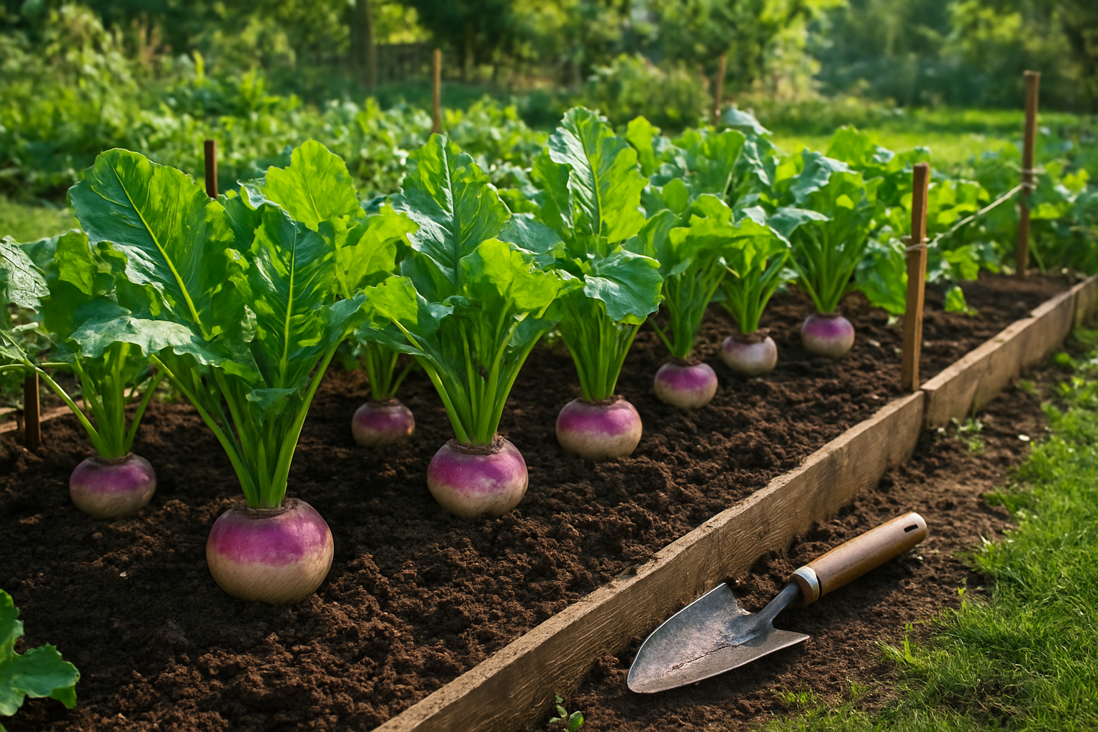 Create a realistic image of a thriving vegetable garden with healthy turnip plants growing in neat rows, showing the distinctive purple and white bulbous roots partially visible above dark, rich soil, with green leafy tops flourishing under bright natural sunlight, surrounded by well-maintained garden beds with wooden stakes and string markers, gardening tools like a small hand trowel resting nearby, and a peaceful backyard setting with soft shadows cast by afternoon light. Absolutely NO text should be in the scene.