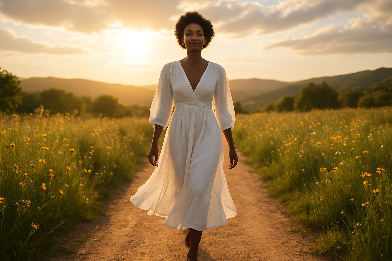 Create a realistic image of a confident black female walking forward on a bright sunlit path with her head held high and shoulders back, wearing flowing white clothing that moves gently in a soft breeze, surrounded by a peaceful meadow with wildflowers on both sides, golden hour lighting casting warm rays through scattered clouds above, creating an atmosphere of hope and renewal, with the path stretching ahead toward rolling hills in the distance, symbolizing a journey of spiritual transformation and new beginnings, absolutely NO text should be in the scene.