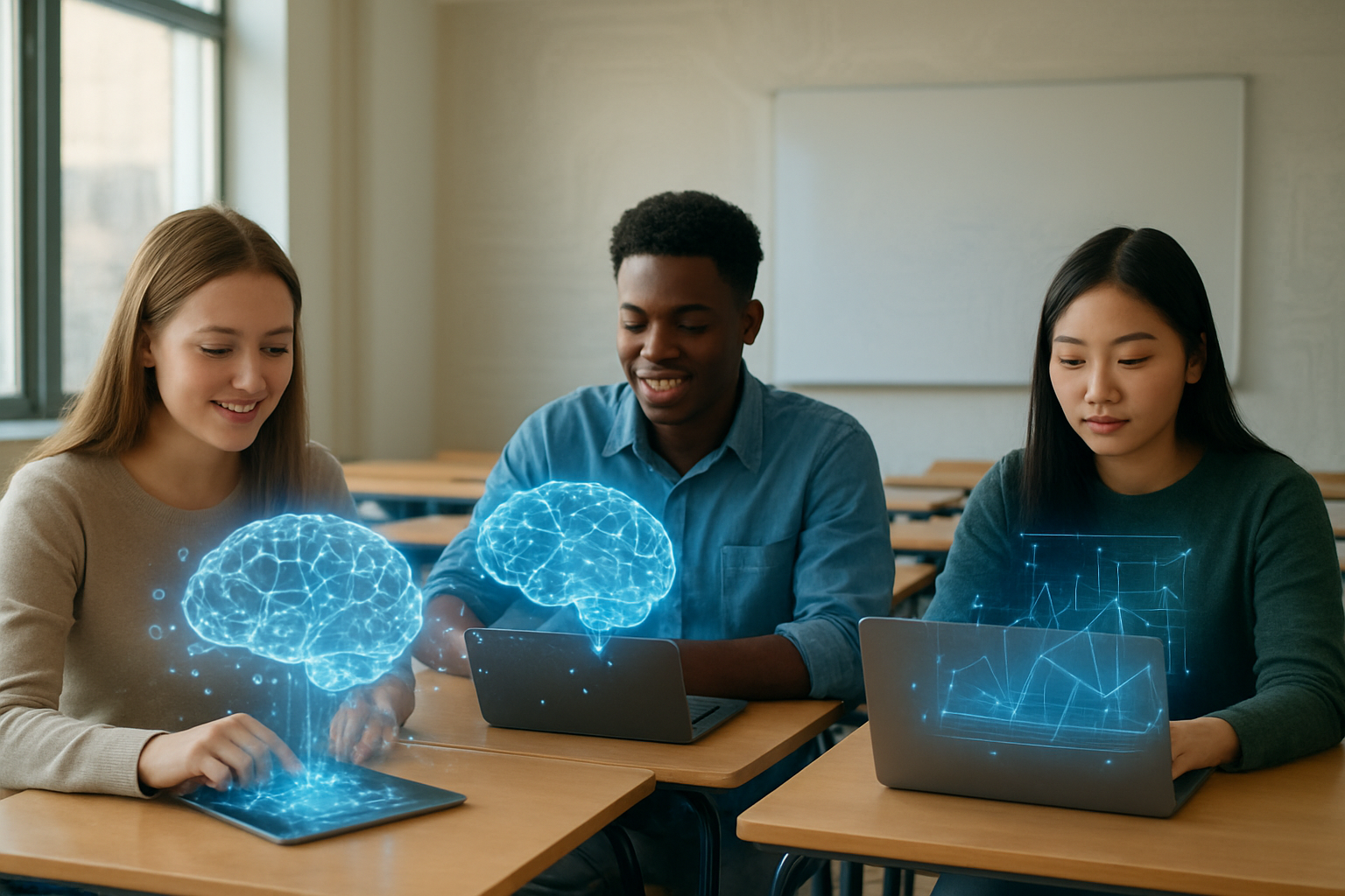 Create a realistic image of a modern classroom setting where a diverse group of students including white female, black male, and Asian female students are engaged with AI technology, featuring holographic brain networks and neural pathways floating above digital tablets and laptops, with circuit board patterns subtly integrated into the background, bright natural lighting from large windows creating an innovative learning atmosphere, students interacting with glowing AI interfaces and data visualizations, futuristic educational technology seamlessly blended with traditional classroom elements like desks and whiteboards, warm and inspiring mood emphasizing technological advancement in education, absolutely NO text should be in the scene.