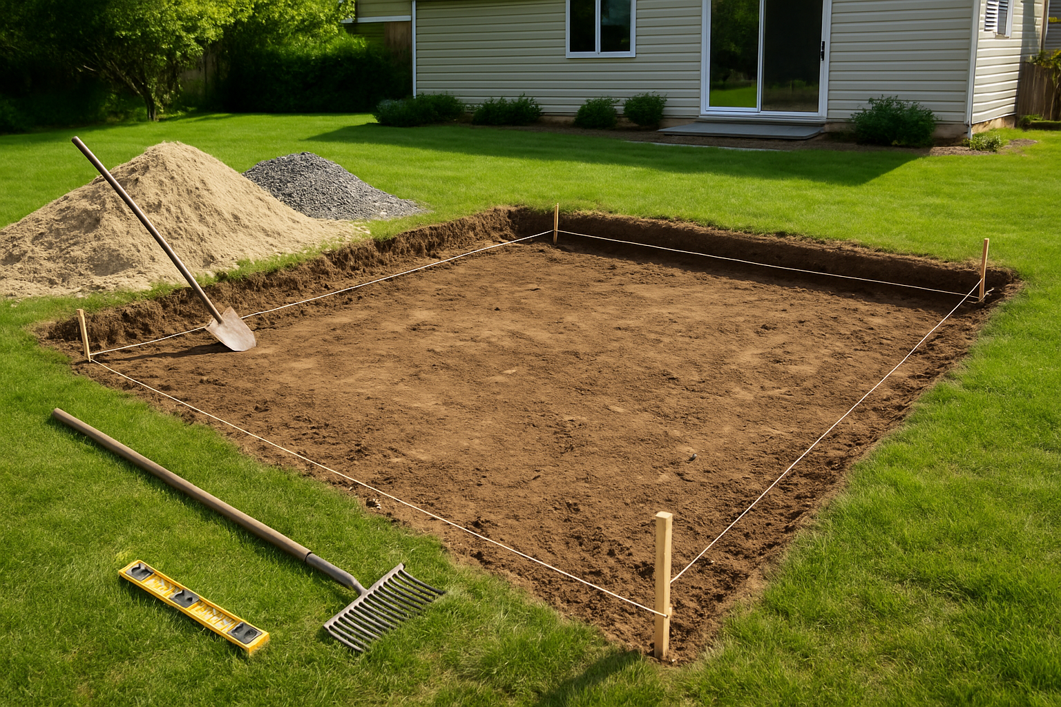 Create a realistic image of a backyard area being prepared for patio construction, showing freshly excavated rectangular ground with marked boundaries using string lines and wooden stakes, a pile of sand and gravel materials nearby, basic tools like a shovel, rake, and level scattered around the work area, with a suburban home visible in the background, natural daylight lighting creating clear shadows, and well-maintained lawn surrounding the prepared dirt foundation area. Absolutely NO text should be in the scene.