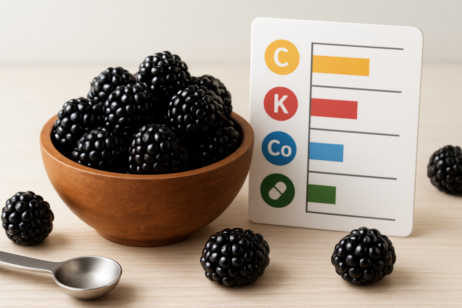 Create a realistic image of fresh blackberries arranged in a wooden bowl with a nutrition facts chart or infographic display board positioned nearby, scattered individual blackberries around the bowl showing their deep purple-black color and clustered drupelets texture, soft natural lighting highlighting the berries' glossy surface and rich antioxidant appearance, clean white or light wooden background suggesting health and wellness, with subtle elements like a measuring spoon or vitamin symbols subtly placed in the composition to emphasize nutritional value, absolutely NO text should be in the scene.