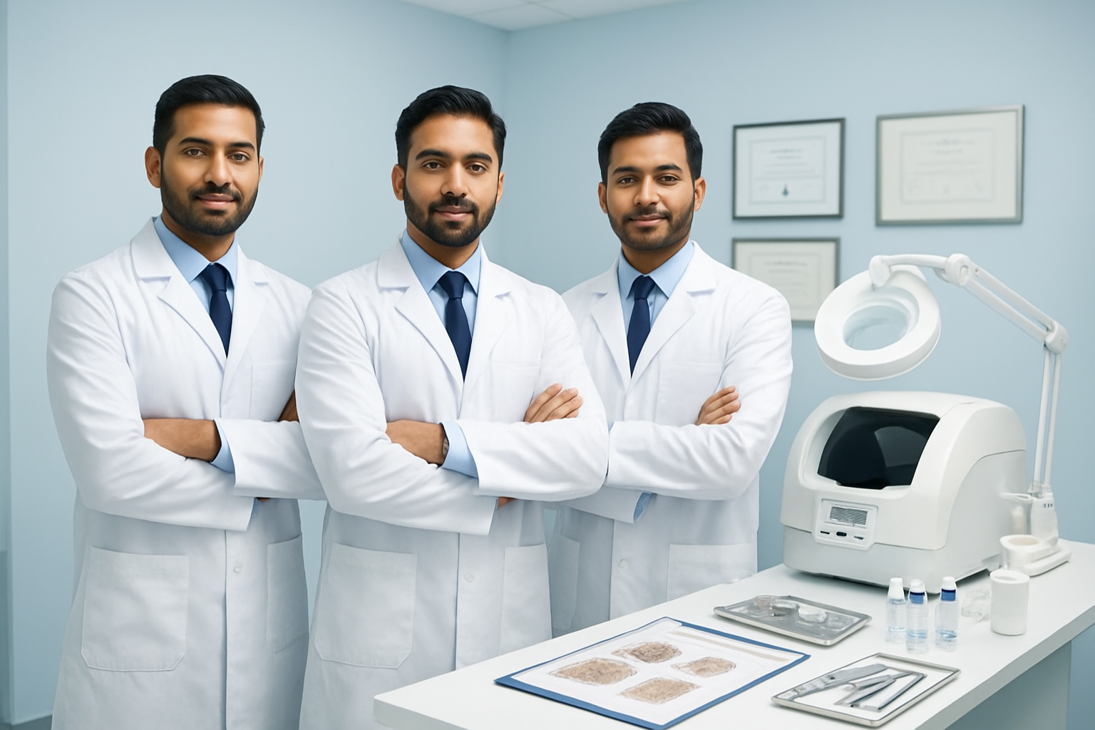 Create a realistic image of a professional medical consultation room with three South Asian male doctors in white coats standing confidently, modern hair transplant medical equipment and tools displayed on a clean white counter, certificates and diplomas hanging on the wall in the background, bright clinical lighting, sterile hospital environment with light blue and white color scheme, hair analysis charts visible on a desk, professional and trustworthy atmosphere. Absolutely NO text should be in the scene.