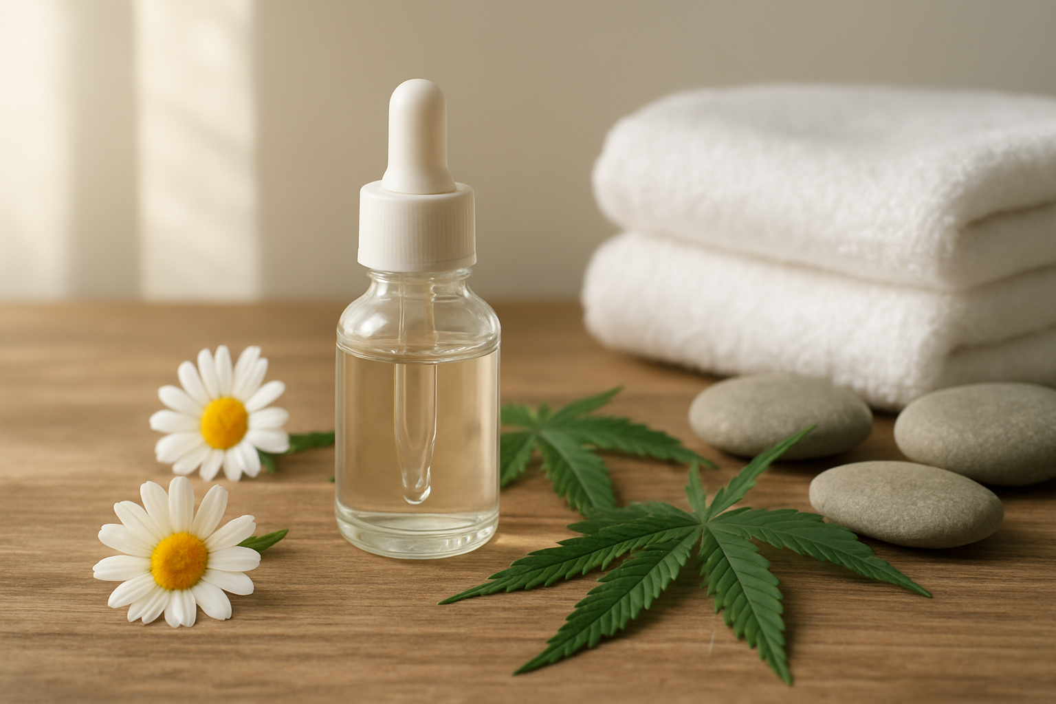 Create a realistic image of a serene spa-like setting with a small glass dropper bottle containing clear oil positioned on a natural wooden surface, surrounded by fresh chamomile flowers and green cannabis leaves, with soft natural lighting streaming through a window creating gentle shadows, featuring a clean minimalist background with white towels and smooth river stones, conveying a peaceful and therapeutic atmosphere that represents natural wellness and gentle skincare benefits, absolutely NO text should be in the scene.