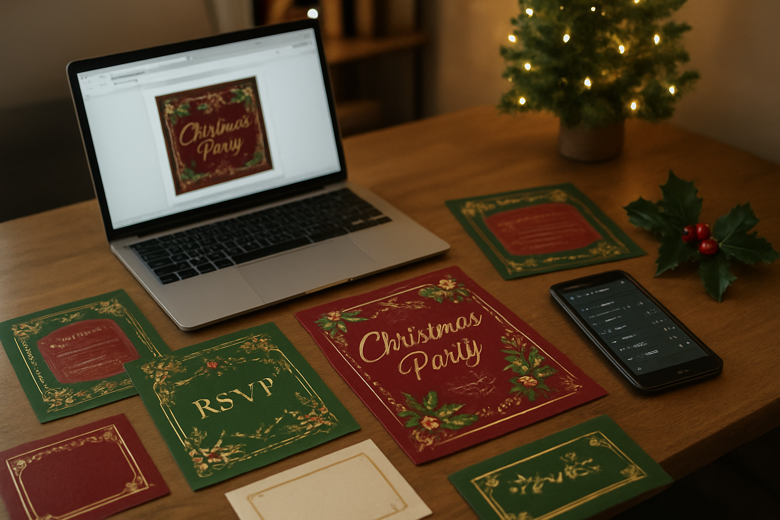 Create a realistic image of a professional office setting with elegant Christmas party invitations spread across a wooden desk, featuring red and green holiday colors and gold accents, alongside a laptop computer displaying an email invitation interface, a smartphone showing a guest list management app, and printed RSVP cards, with festive holly decorations and a small Christmas tree in the background, soft warm lighting creating a cozy holiday atmosphere, absolutely NO text should be in the scene.