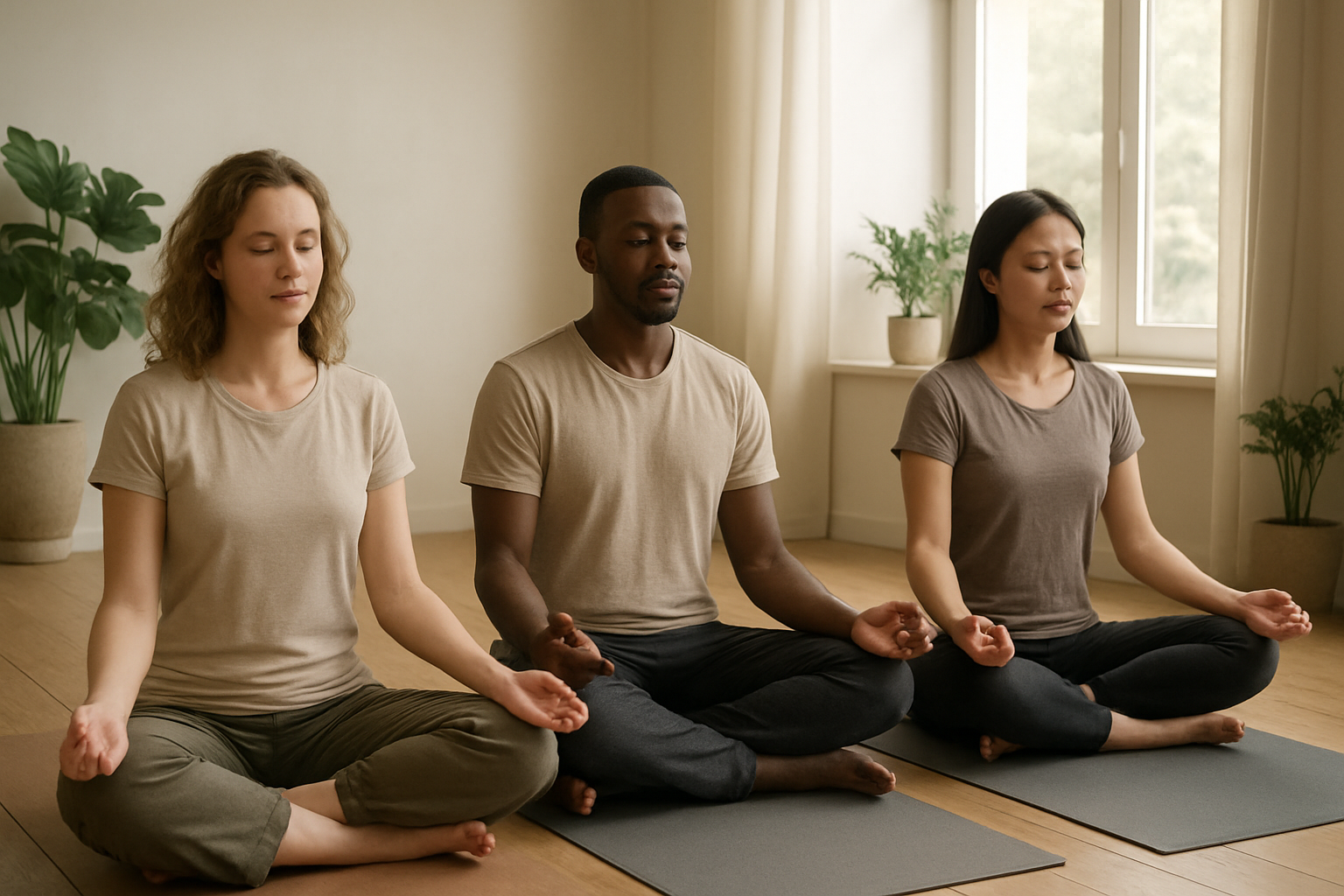 Create a realistic image of a peaceful meditation scene showing a diverse group of people sitting cross-legged in lotus position on yoga mats in a serene indoor space, including a white female, black male, and Asian female, all with eyes gently closed and hands resting on their knees in a meditative pose, surrounded by soft natural lighting streaming through large windows, with minimalist decor including potted plants, wooden floors, and a calm neutral color palette of whites and earth tones, conveying tranquility and mindfulness, absolutely NO text should be in the scene.
