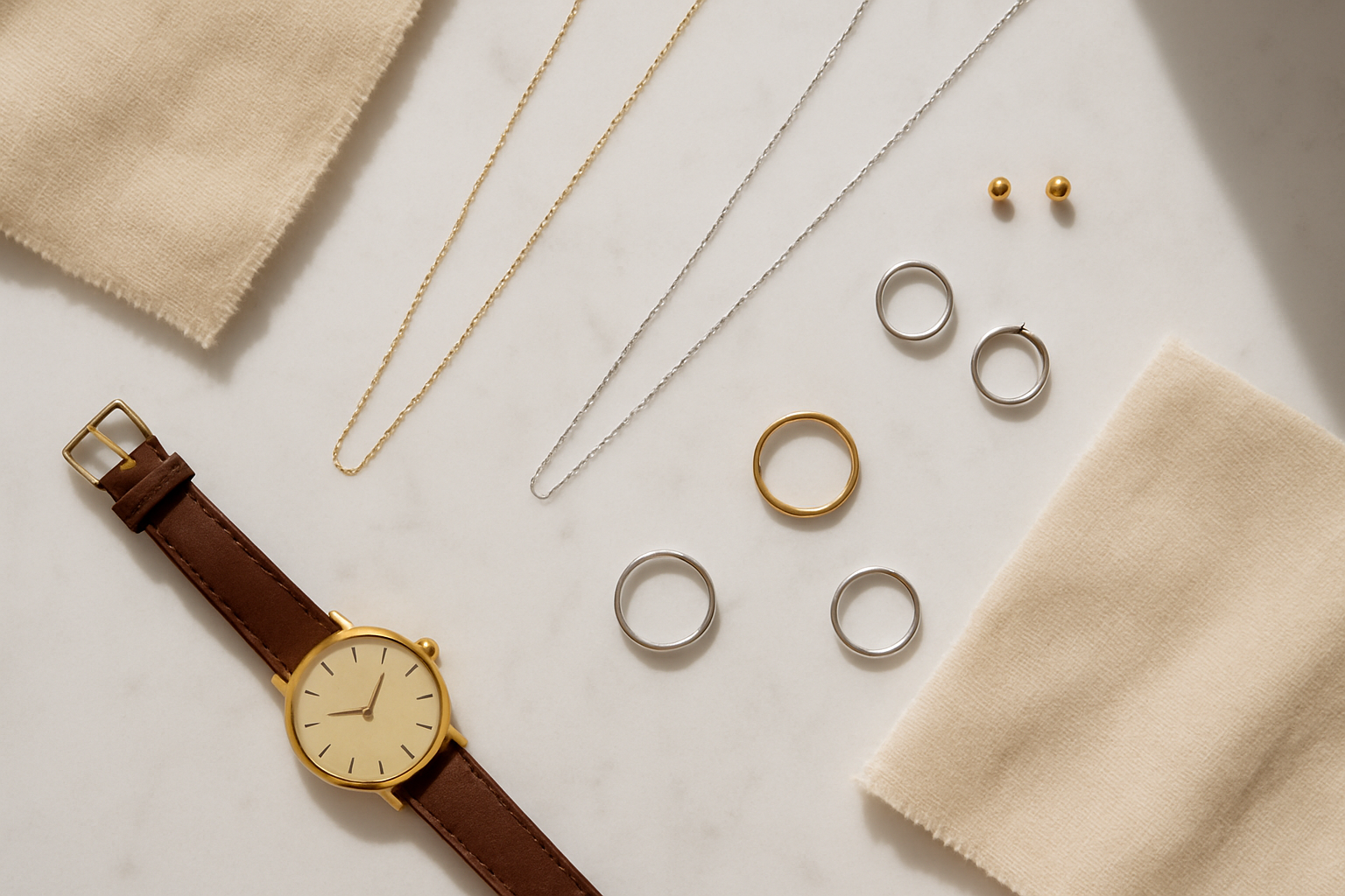Create a realistic image of an elegant flat lay arrangement showcasing essential budget jewelry pieces including delicate gold and silver chain necklaces, simple stud earrings, a classic watch, minimalist rings, and small hoop earrings artfully arranged on a clean white marble surface with soft natural lighting creating gentle shadows, styled to demonstrate how these affordable accessories can transform any outfit, with a few subtle fabric swatches in neutral tones like beige and cream positioned around the jewelry to suggest outfit coordination, captured from above in a clean, minimalist aesthetic, absolutely NO text should be in the scene.