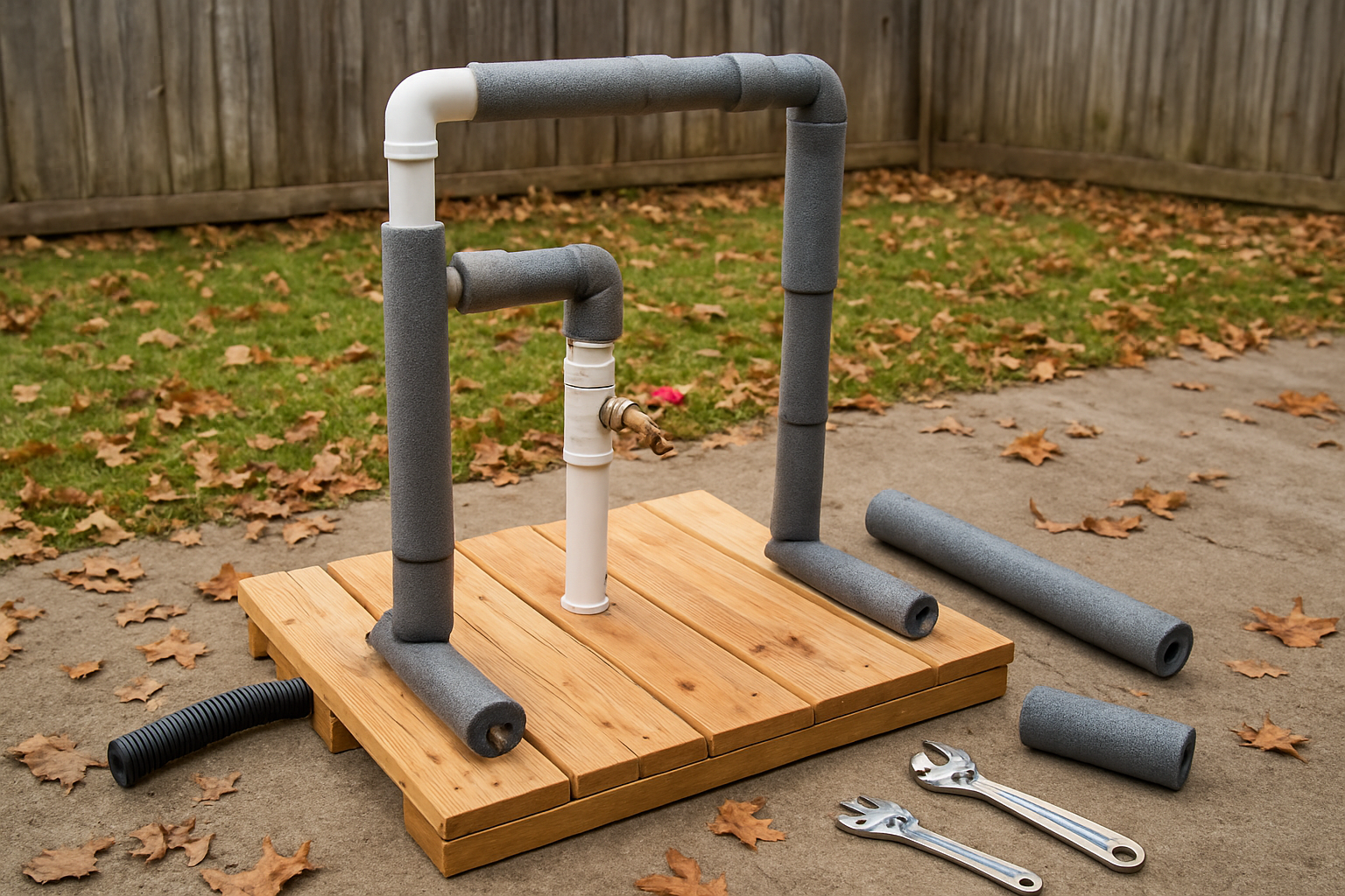 Create a realistic image of a backyard DIY pet wash station in winter preparation mode, featuring a wooden platform with plumbing connections being wrapped with insulation foam, drain pipes covered with protective sleeves, a water shut-off valve in the closed position, and maintenance tools like a wrench and pipe insulation materials scattered nearby on a concrete patio, with fallen autumn leaves around the area suggesting seasonal preparation, natural daylight lighting, and a residential fence visible in the background, absolutely NO text should be in the scene.