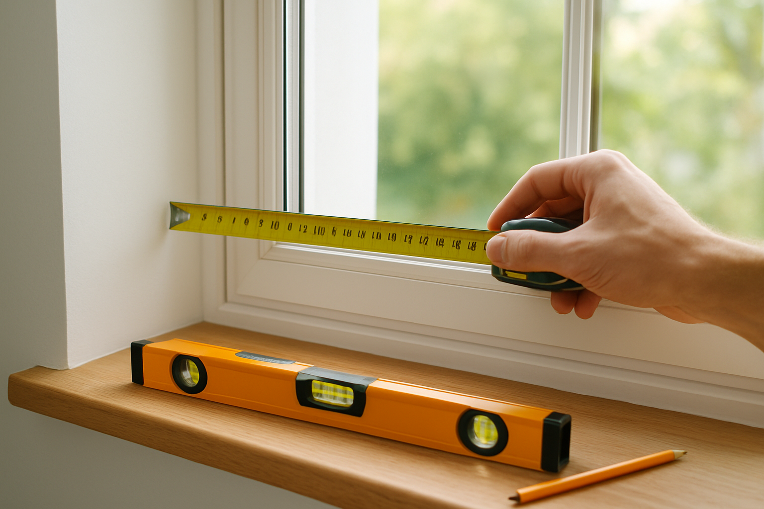 Create a realistic image of a professional measuring tape stretched across a window frame with a hand holding it correctly, showing proper measurement technique, with measuring tools like a level and pencil placed on a wooden windowsill, bright natural daylight coming through the window, clean indoor residential setting with white walls, focusing on accuracy and precision in window measurement process, absolutely NO text should be in the scene.