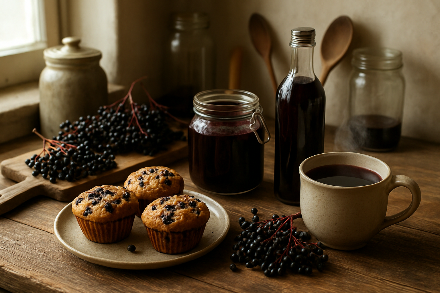 Create a realistic image of a rustic kitchen counter displaying various elderberry culinary preparations including a glass jar of dark purple elderberry jam, a bottle of elderberry syrup, fresh dark purple elderberry clusters on wooden cutting boards, elderberry muffins on a ceramic plate, and a steaming cup of elderberry tea, all arranged on weathered wood surfaces with soft natural lighting from a nearby window, surrounded by traditional kitchen utensils and mason jars, creating a warm homey atmosphere that showcases the diverse food uses of elderberries, absolutely NO text should be in the scene.