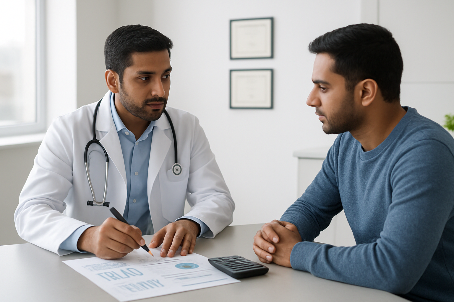 Create a realistic image of a modern medical clinic consultation room with a South Asian male doctor in a white coat sitting across from a South Asian male patient, discussing treatment options with financial documents and cost breakdown charts visible on a sleek desk between them, calculator and pen nearby, professional healthcare setting with clean white walls and medical certificates in background, bright natural lighting from window, calm and trustworthy atmosphere, absolutely NO text should be in the scene.