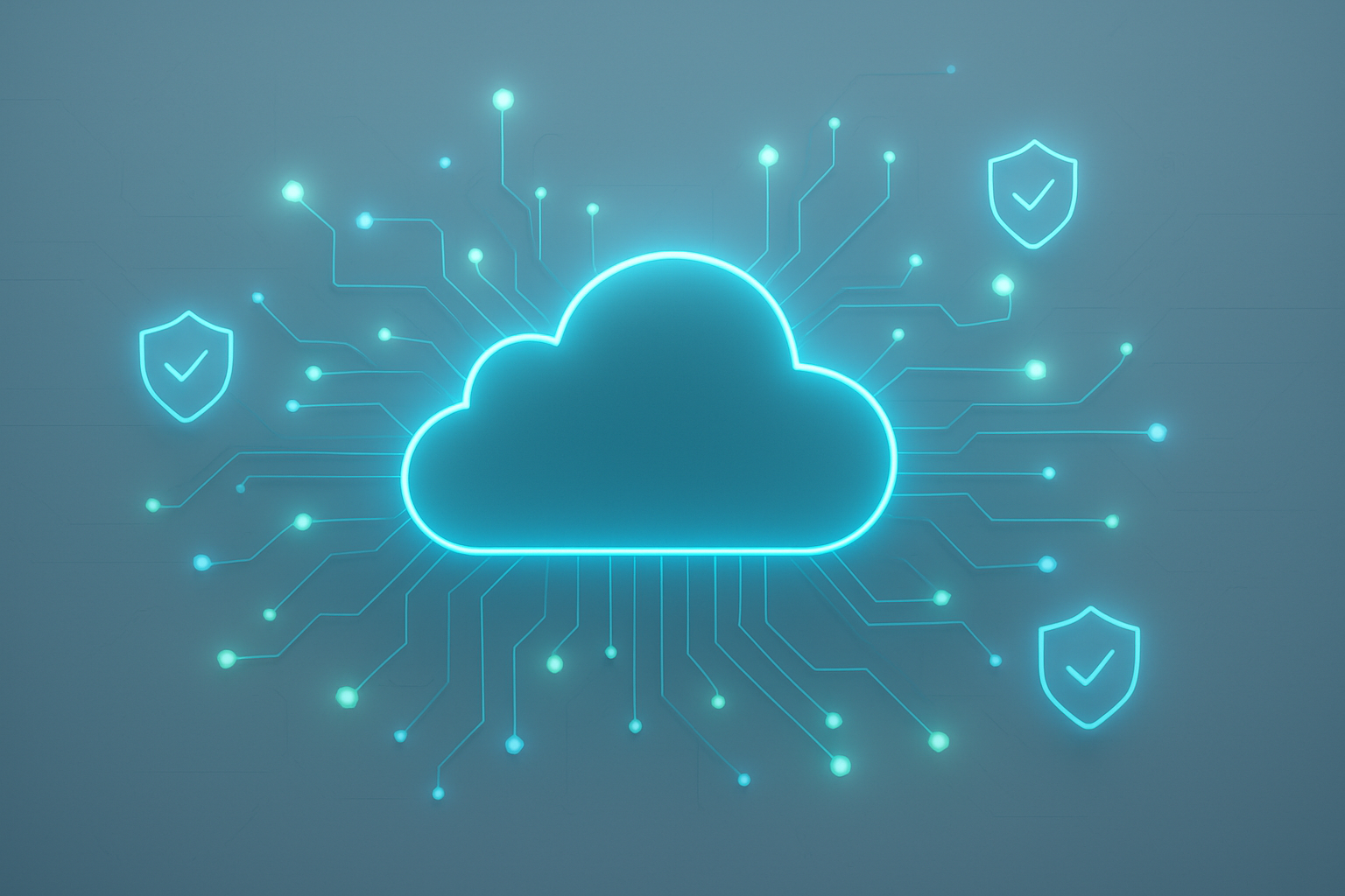 Create a realistic image of a modern cloud infrastructure visualization showing a successful data migration completion, featuring interconnected digital nodes and pathways glowing in soft blue and green lights against a clean, minimalist background with subtle circuit board patterns, conveying a sense of technical achievement and seamless connectivity, with floating shield icons representing security and authentication, soft ambient lighting creating a professional and reassuring atmosphere, absolutely NO text should be in the scene.
