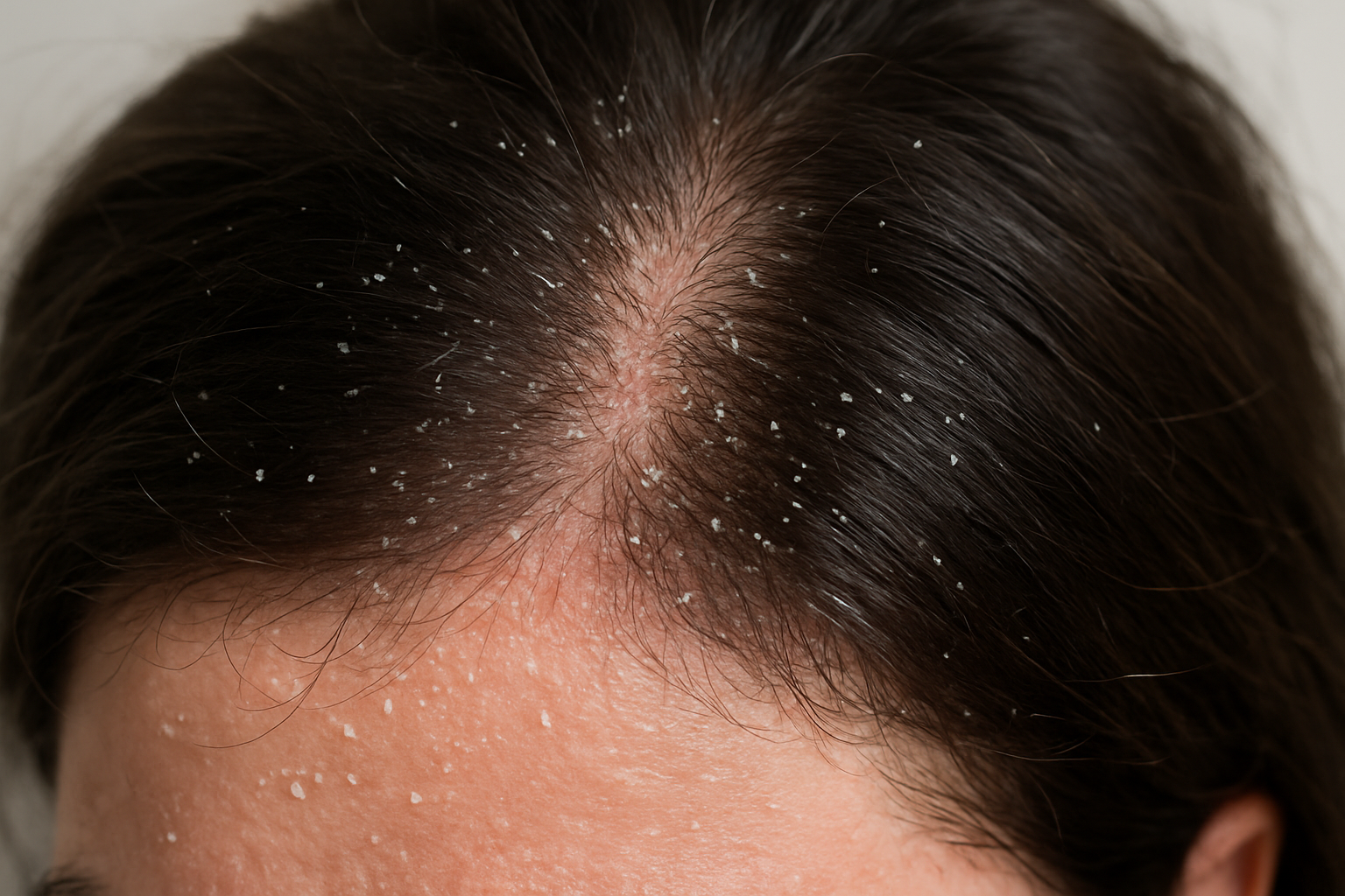 Create a realistic image of a close-up view of a human scalp showing visible white dandruff flakes scattered throughout dark brown hair strands, with some areas appearing slightly reddened or irritated, captured under natural daylight lighting that clearly reveals the scalp condition, shot from above at a slight angle to show the hair parting and affected scalp areas, with a clean neutral background, maintaining a clinical and educational mood suitable for medical or health-related content, absolutely NO text should be in the scene.