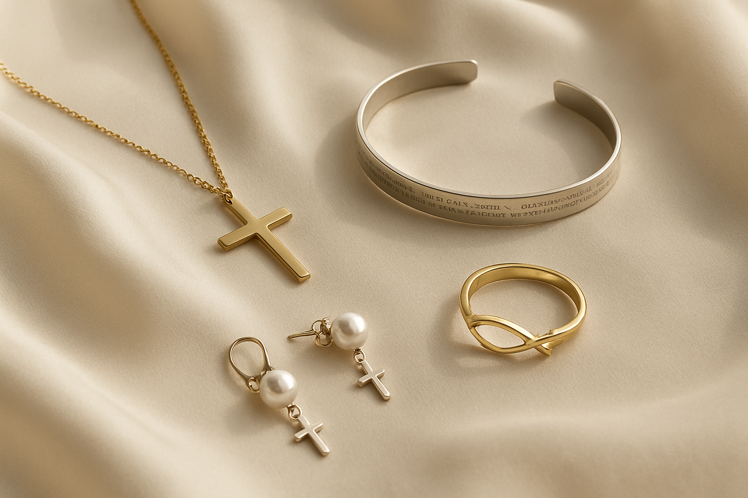 Create a realistic image of elegant Christian jewelry pieces arranged on a soft white silk cloth, featuring a delicate gold cross necklace, silver bracelet with small engraved scripture verses, pearl earrings with tiny cross details, and a beautiful ring with Christian fish symbol, all displayed against a warm natural lighting setup with subtle shadows, creating a peaceful and reverent atmosphere that emphasizes the spiritual significance and feminine elegance of the jewelry pieces, absolutely NO text should be in the scene.