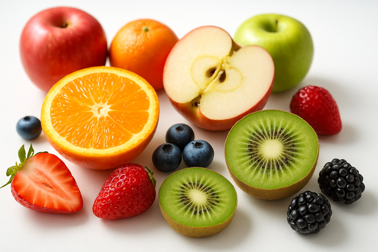 Create a realistic image of a vibrant cross-section display showing the internal nutritional components of various fresh fruits including oranges, apples, berries, and kiwi arranged on a clean white surface, with visible seeds, pulp, and colorful flesh highlighting vitamins and natural elements, accompanied by small portions of the same fruits showing their external appearance, set against a bright, clean background with natural lighting that emphasizes the fresh, healthy qualities and rich colors of the fruit interiors, absolutely NO text should be in the scene.