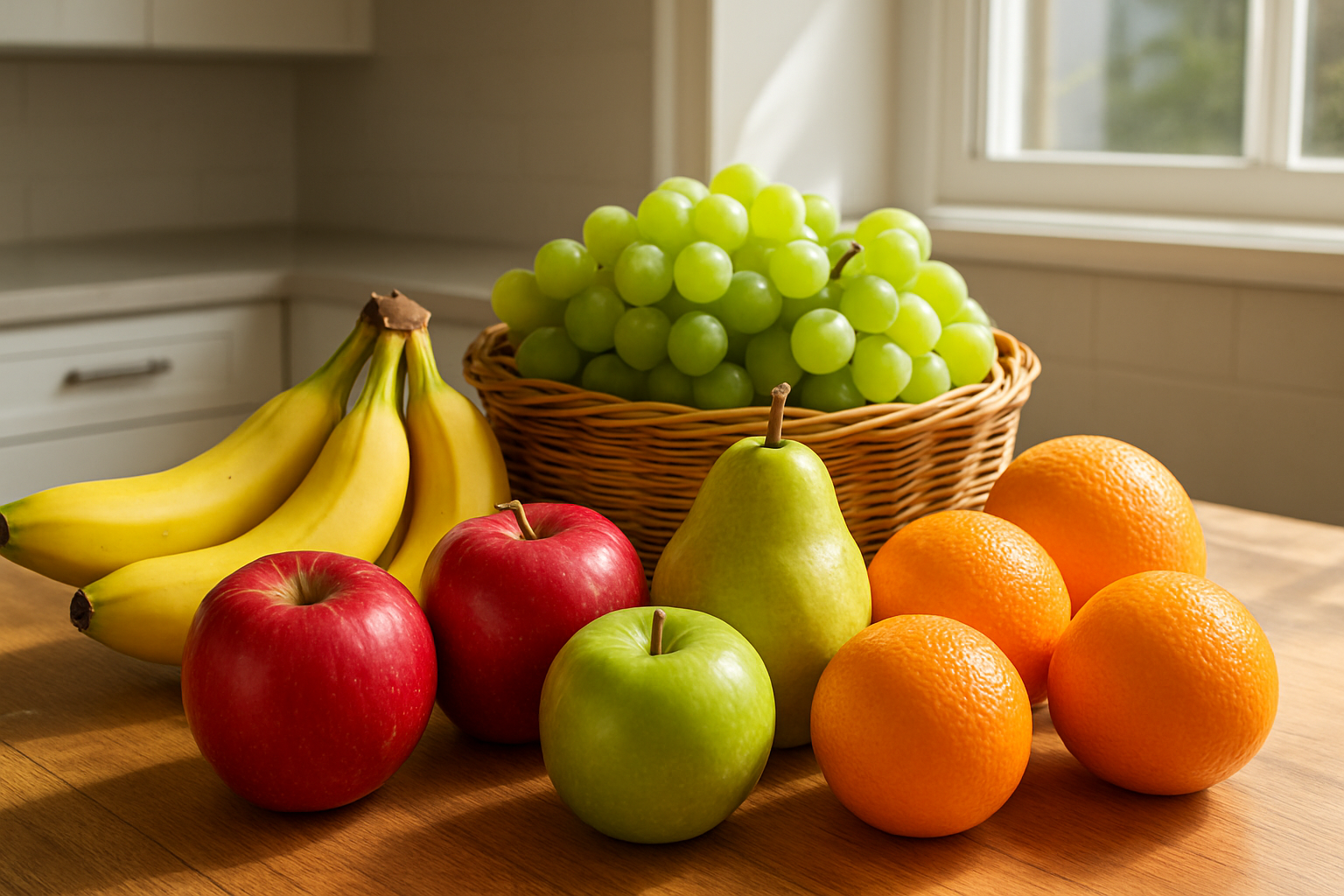 Create a realistic image of a vibrant collection of core fruits arranged on a wooden kitchen counter including red and green apples, ripe bananas, fresh oranges, juicy pears, and plump grapes in a wicker basket, with natural morning sunlight streaming through a nearby window creating soft shadows, surrounded by a clean modern kitchen background with white cabinets, emphasizing the fresh and healthy appeal of everyday fruits for wellness, shot from a slightly elevated angle to showcase the variety and abundance of the fruit selection, Absolutely NO text should be in the scene.