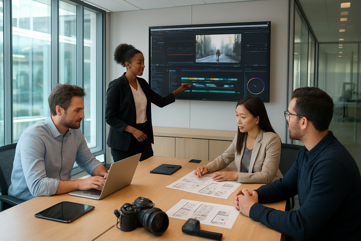 Create a realistic image of a modern conference room with multiple diverse professionals collaborating around a large table, including a black female project manager pointing at a large wall-mounted display showing video editing interface elements, a white male developer working on a laptop, and an Asian female creative director reviewing storyboards, with sleek enterprise-grade technology equipment like multiple monitors, tablets, and professional cameras visible on the table, bright natural lighting from floor-to-ceiling windows, contemporary office interior with glass walls and minimalist design, conveying a productive team-focused atmosphere, absolutely NO text should be in the scene.