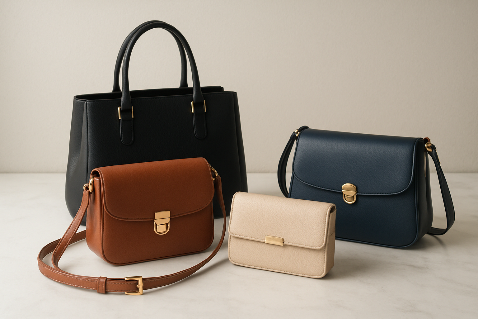 Create a realistic image of an elegant collection of affordable handbags and purses arranged on a clean white marble surface, featuring a structured black tote bag, a cognac brown crossbody bag, a small beige clutch purse, and a navy blue shoulder bag, all displaying quality hardware details like gold-toned clasps and buckles, with soft natural lighting casting gentle shadows, shot from a slightly elevated angle against a minimalist background with subtle texture, conveying sophistication and style without appearing expensive, absolutely NO text should be in the scene.