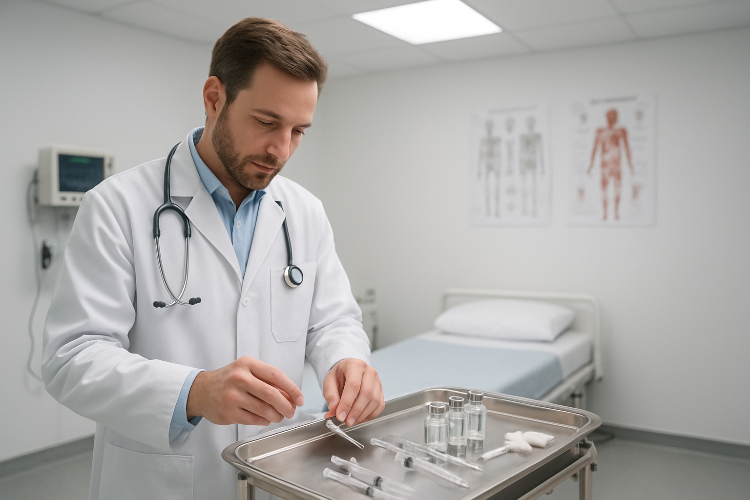 Create a realistic image of a sterile medical clinic room with a white male doctor in a white coat preparing medical equipment on a stainless steel tray, featuring syringes, vials, and monitoring devices, with a hospital bed in the background, clean white walls, bright fluorescent lighting, and medical charts on the wall, conveying a professional healthcare environment focused on safe pharmaceutical administration procedures, absolutely NO text should be in the scene.