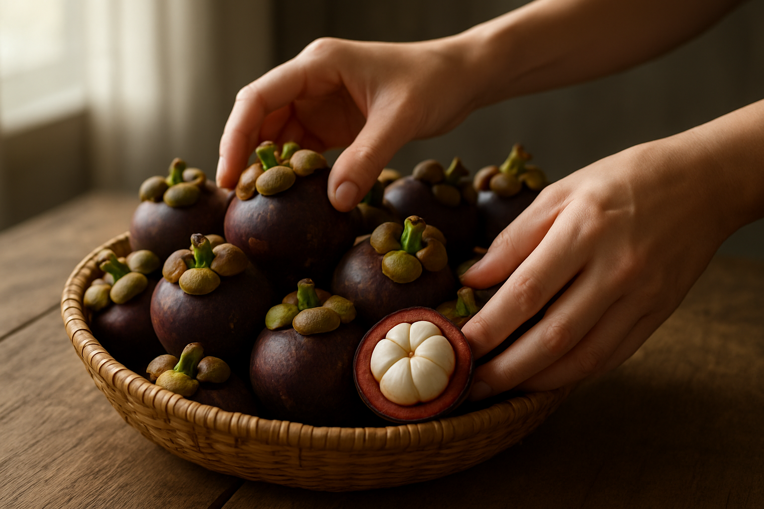 Create a realistic image of hands carefully selecting ripe mangosteen fruits from a wooden basket filled with fresh mangosteens, showing both whole purple-skinned fruits and one cut open to reveal the white segmented flesh inside, arranged on a rustic wooden table with soft natural lighting from a window, creating a warm and inviting atmosphere that emphasizes the freshness and quality of the tropical fruits, absolutely NO text should be in the scene.