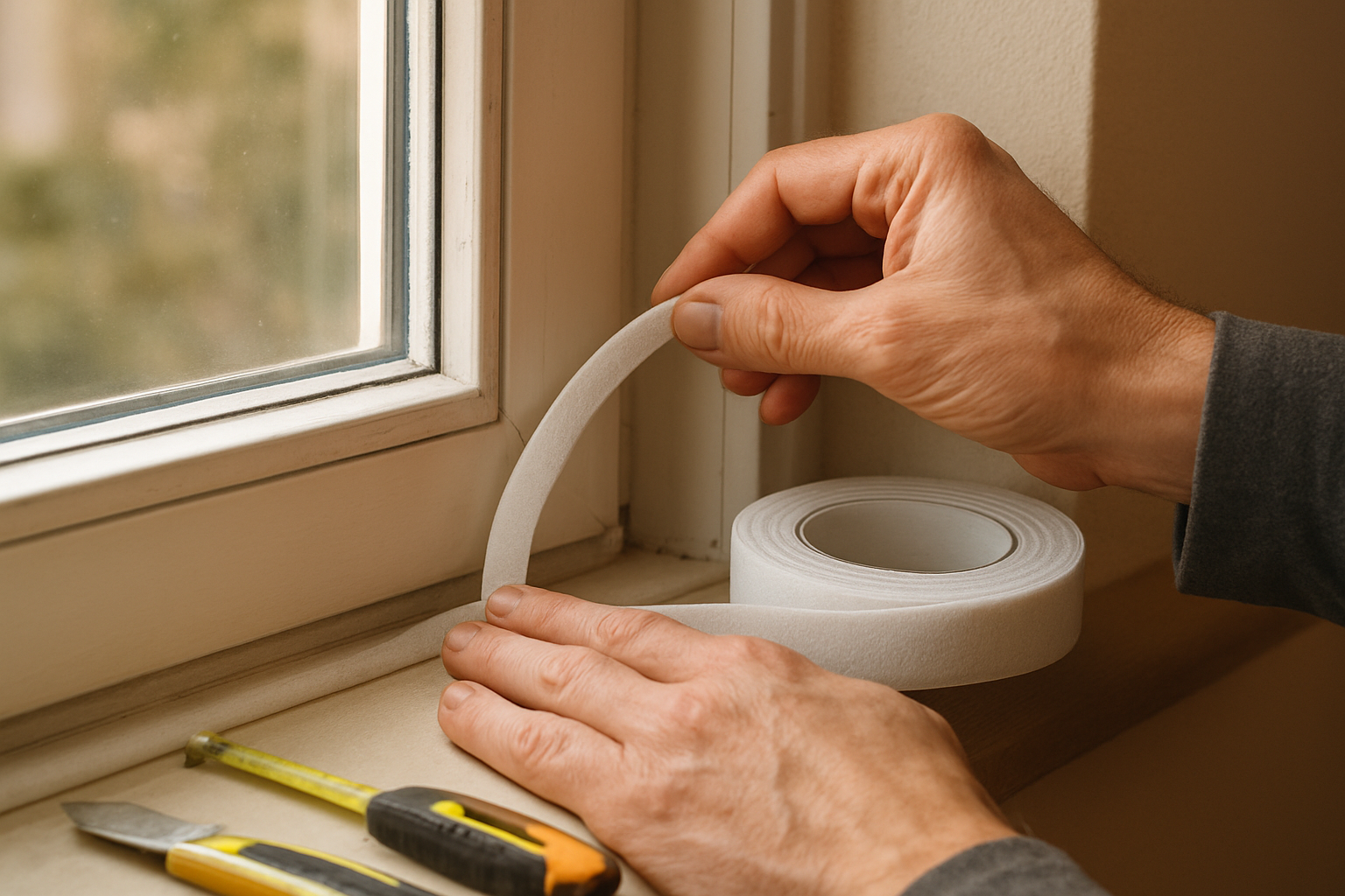 Create a realistic image of a close-up view of hands applying weatherstripping tape around a window frame, showing the precise sealing process with visible gaps being closed, natural daylight streaming through the window, tools like a utility knife and measuring tape nearby on a windowsill, warm indoor lighting creating a practical DIY atmosphere, absolutely NO text should be in the scene.