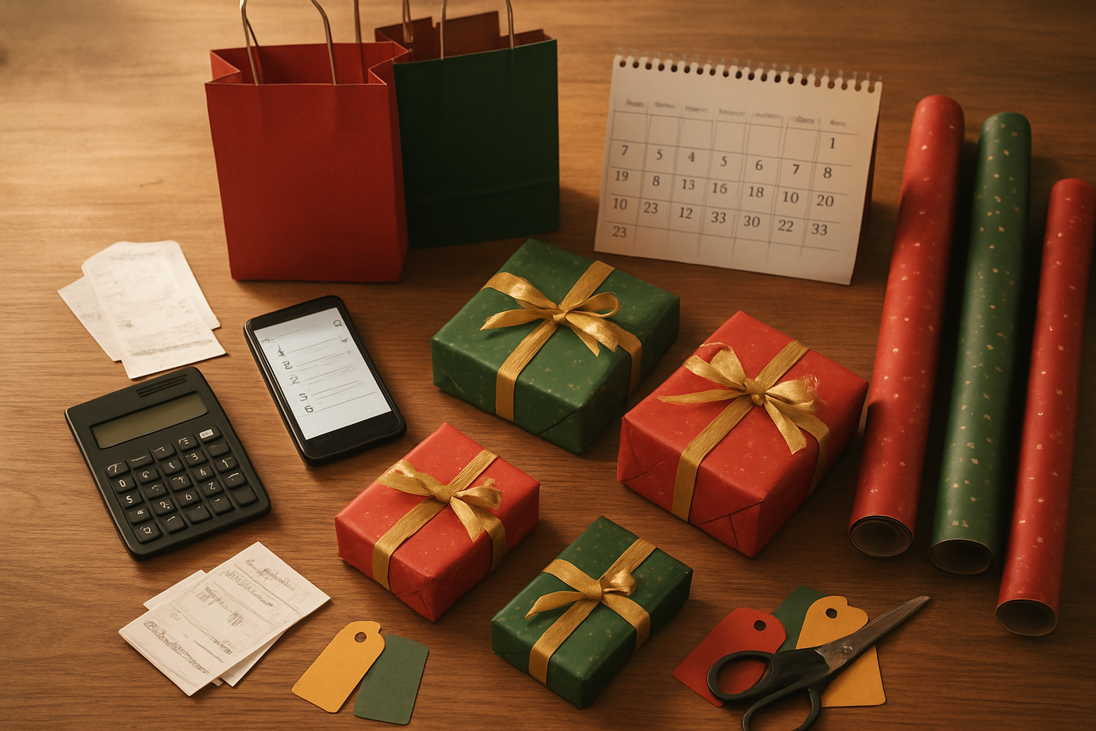 Create a realistic image of a beautifully organized Christmas shopping scene on a wooden desk featuring wrapped presents in festive red and green paper with gold ribbons, a smartphone displaying a shopping list app, scattered gift receipts, a calculator, shopping bags from various stores, a calendar marked with December dates, colorful gift tags, scissors, and wrapping paper rolls, all arranged in an orderly yet lived-in manner with warm golden lighting creating a cozy holiday atmosphere, shot from above at a slight angle to show the complete organized setup, with soft shadows and a clean wooden background. Absolutely NO text should be in the scene.