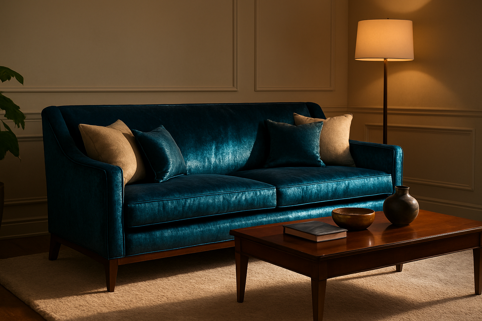 Create a realistic image of an elegant living room featuring a luxurious glossy fabric sofa as the centerpiece, with the sofa displaying a beautiful shimmering texture in deep emerald or navy blue color, positioned against a sophisticated neutral-toned wall, complemented by soft ambient lighting that highlights the fabric's lustrous finish, a polished wooden coffee table with decorative items, plush area rug beneath, and subtle interior design elements like throw pillows and a floor lamp that enhance the premium atmosphere, shot from a three-quarter angle to showcase the sofa's craftsmanship and glossy fabric details, with warm golden hour lighting creating gentle reflections on the shiny upholstery surface. Absolutely NO text should be in the scene.
