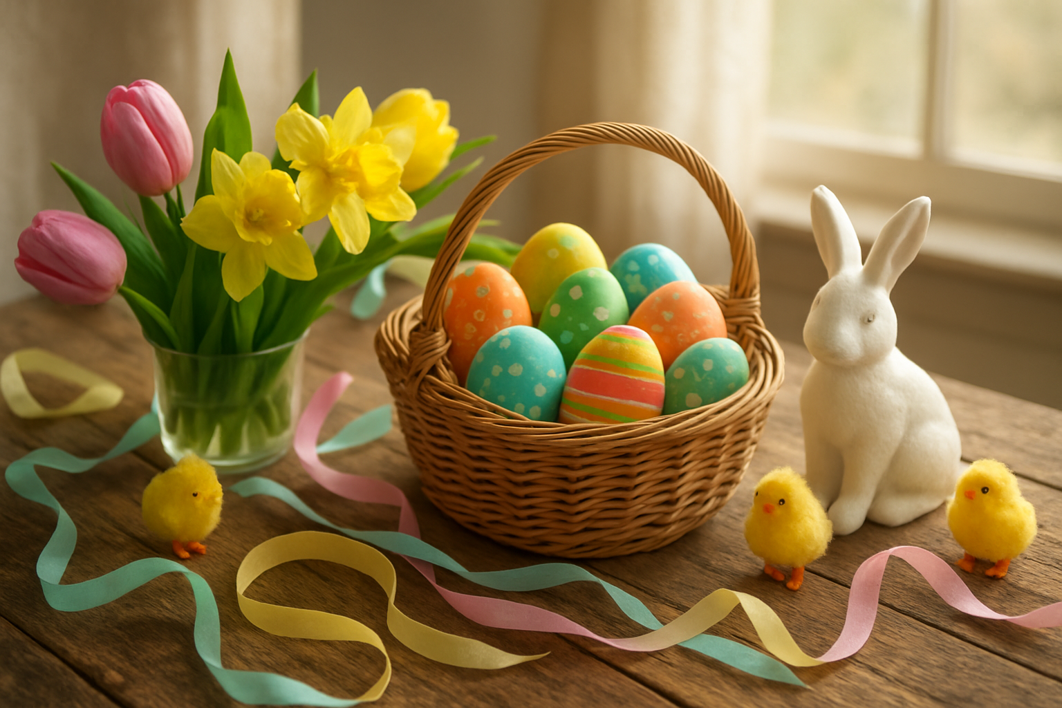 Create a realistic image of traditional Easter decorations and symbols arranged on a rustic wooden table including colorful painted Easter eggs in a wicker basket, fresh spring flowers like tulips and daffodils, a white ceramic bunny figurine, pastel-colored ribbons, and small decorative chicks, with soft natural lighting streaming through a window in the background creating a warm and inviting springtime atmosphere, shot from a slightly elevated angle to showcase all elements beautifully, absolutely NO text should be in the scene.