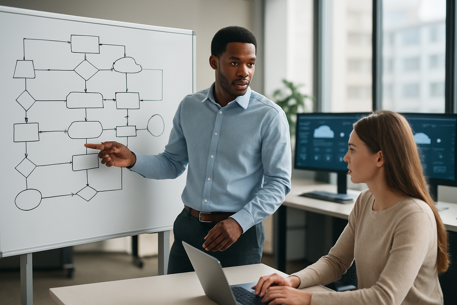 Create a realistic image of a modern office setting showing a detailed workflow diagram on a large whiteboard with interconnected boxes, arrows, and flowchart elements representing a step-by-step migration process, with a black male software developer in business casual attire pointing at the diagram while explaining to a white female colleague who is taking notes on a laptop, the scene features a clean tech office environment with multiple monitors displaying cloud infrastructure dashboards in the background, soft natural lighting from large windows, and a professional collaborative atmosphere, absolutely NO text should be in the scene.