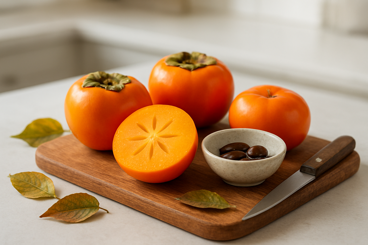 Create a realistic image of fresh persimmon fruits arranged on a wooden cutting board with one whole orange persimmon and one cut persimmon showing its flesh, alongside a small bowl containing persimmon seeds, a knife, and some fallen leaves, set against a clean kitchen counter background with soft natural lighting from a window, conveying a sense of careful preparation and awareness, absolutely NO text should be in the scene.