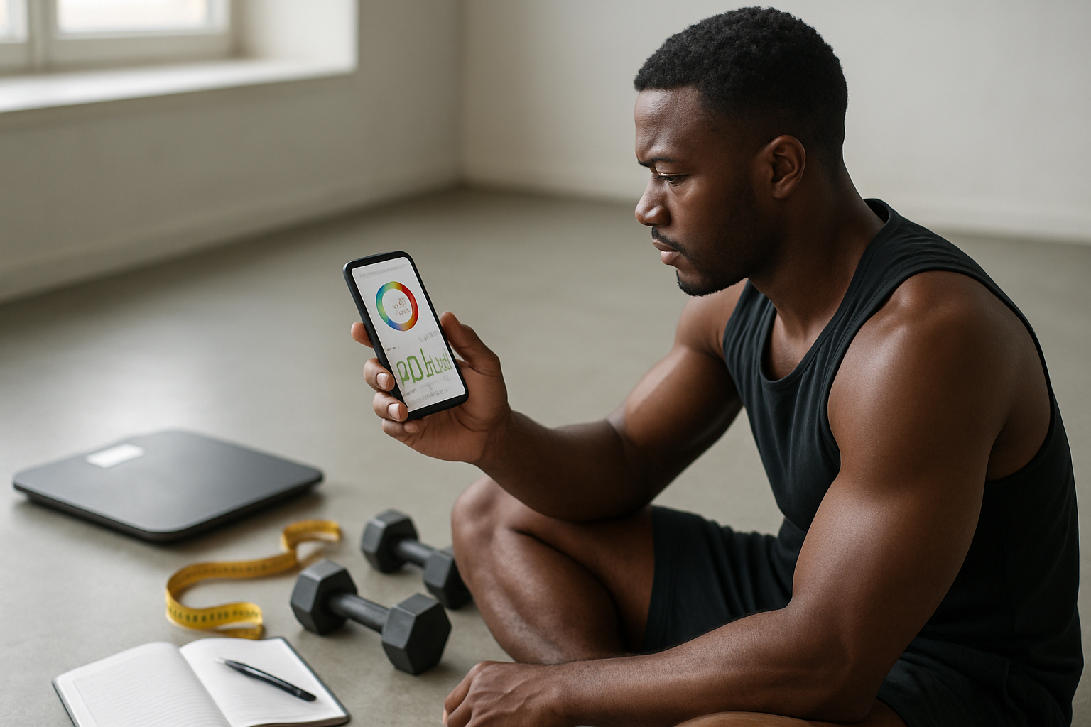 Create a realistic image of a fitness tracking setup showing a black male athlete in workout clothes holding a smartphone displaying a fitness tracking app, with a digital scale, measuring tape, dumbbells, and a workout journal with pen on a clean gym floor, soft natural lighting from a window, focused and determined mood, absolutely NO text should be in the scene.