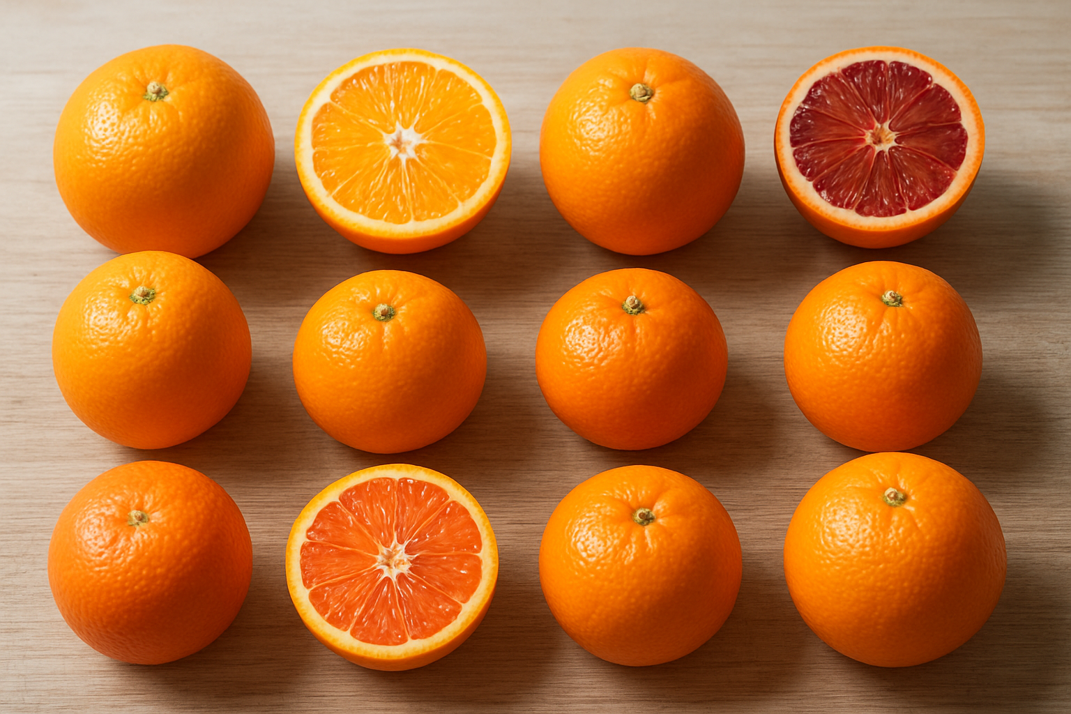 Create a realistic image of a wooden table displaying six to eight different orange varieties arranged in neat rows, including navel oranges, blood oranges with their distinctive red flesh visible in cut halves, valencia oranges, mandarin oranges, tangerines, and cara cara oranges, each variety clearly distinct in size, color, and skin texture, with some oranges whole and others cut in half to showcase their unique internal characteristics, set against a clean white or light wooden background with natural daylight lighting that highlights the vibrant colors and textures of each variety, absolutely NO text should be in the scene.