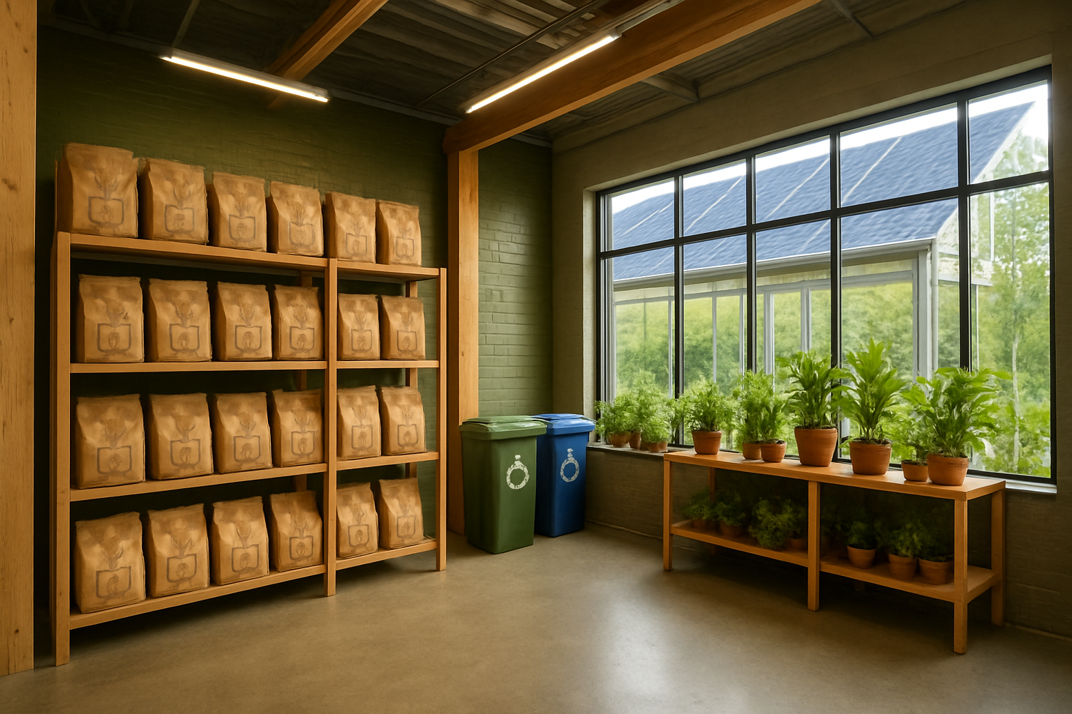 Create a realistic image of a modern eco-friendly pet store or warehouse facility with sustainable business elements including solar panels on the roof, recycling bins, green building materials, bags of eco-friendly cat litter made from natural materials like corn or paper displayed on wooden shelves, a small indoor plant garden, and energy-efficient LED lighting creating a warm, environmentally conscious atmosphere with natural lighting streaming through large windows, absolutely NO text should be in the scene.
