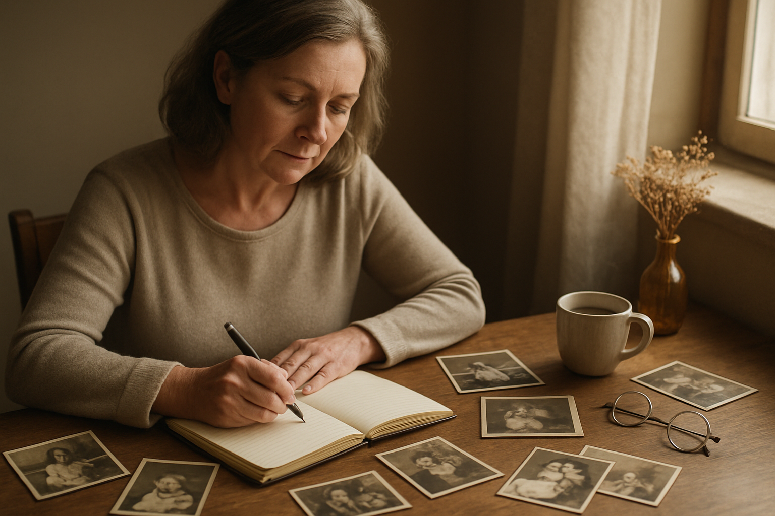 Create a realistic image of a white middle-aged woman sitting at a wooden desk writing in an open journal with a pen, surrounded by scattered old family photographs showing different life stages, a cup of tea steaming nearby, soft natural lighting streaming through a window in the background creating a warm and nostalgic atmosphere, with some dried flowers in a small vase and reading glasses resting on the desk, absolutely NO text should be in the scene.